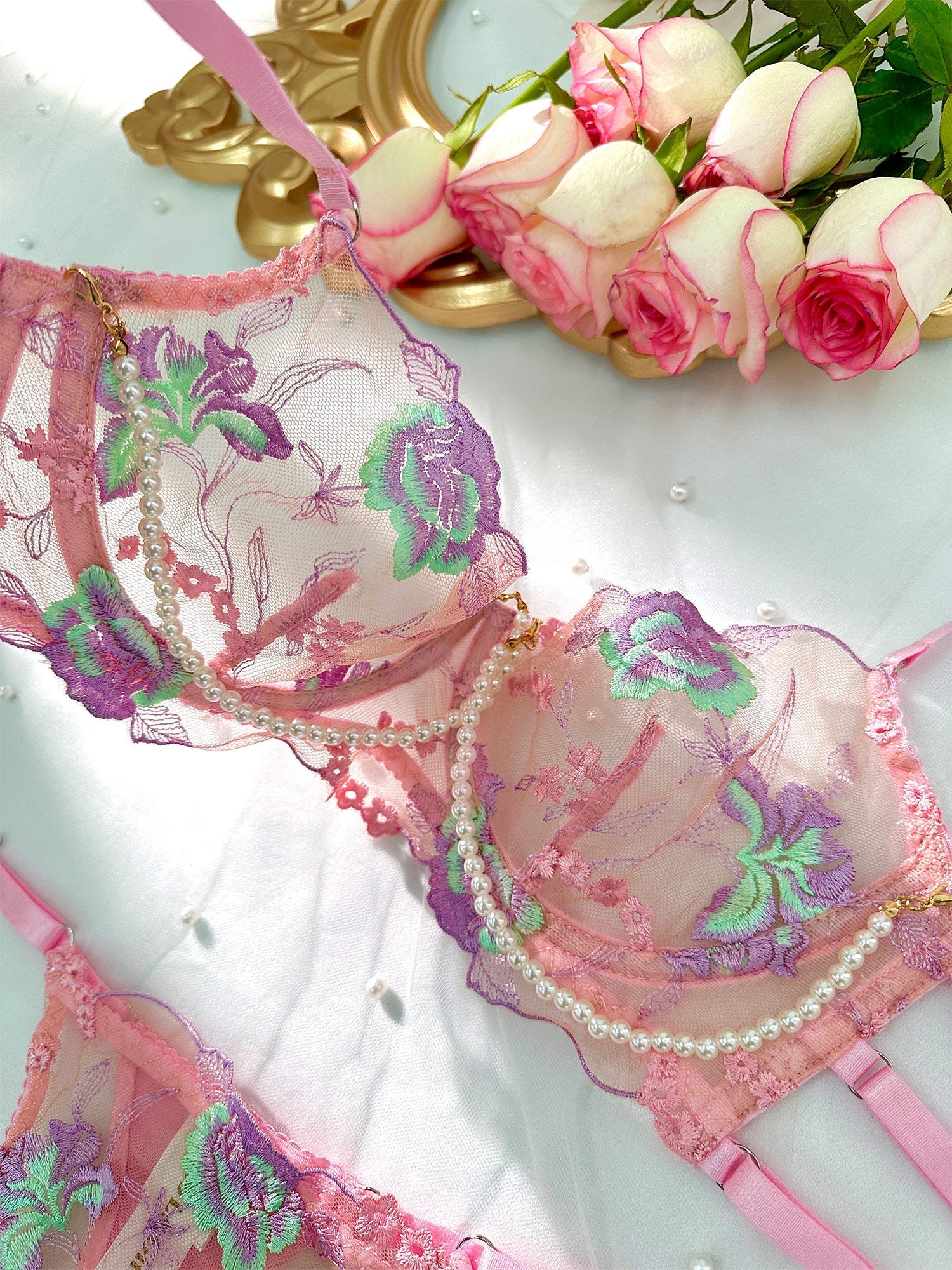 Pink Floral Embroidery Pearl Chain Lingerie Set — view 4 | Lavah Pleasure