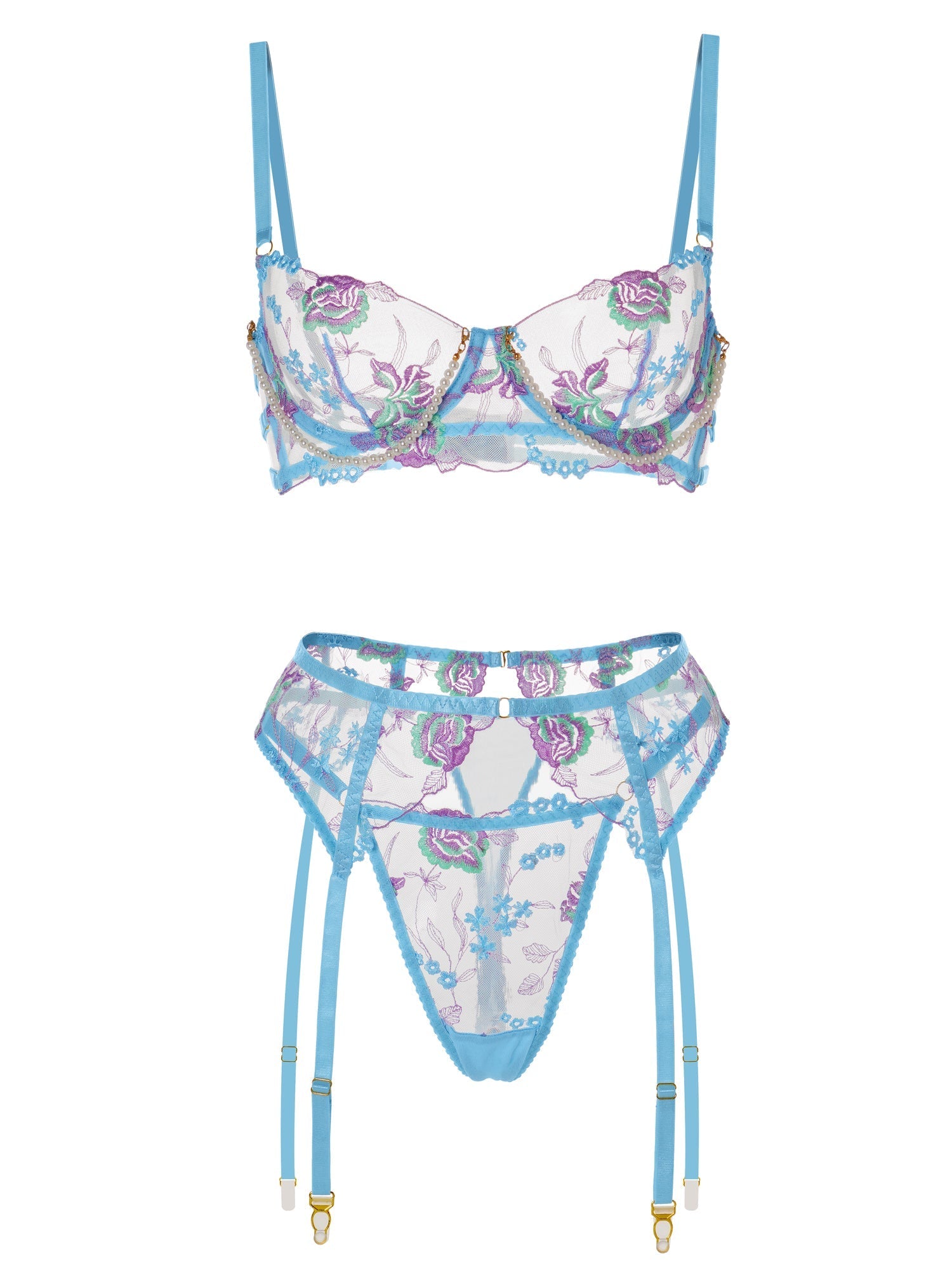 Blue Floral Embroidery Pearl Chain Lingerie Set — view 16 | Lavah Pleasure