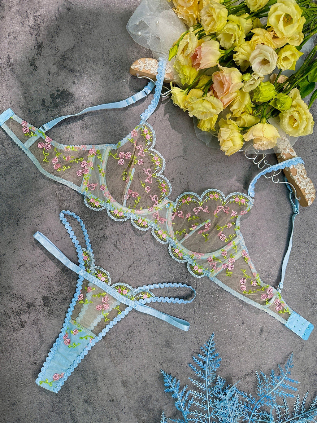Light Blue Floral Lace Lingerie Set