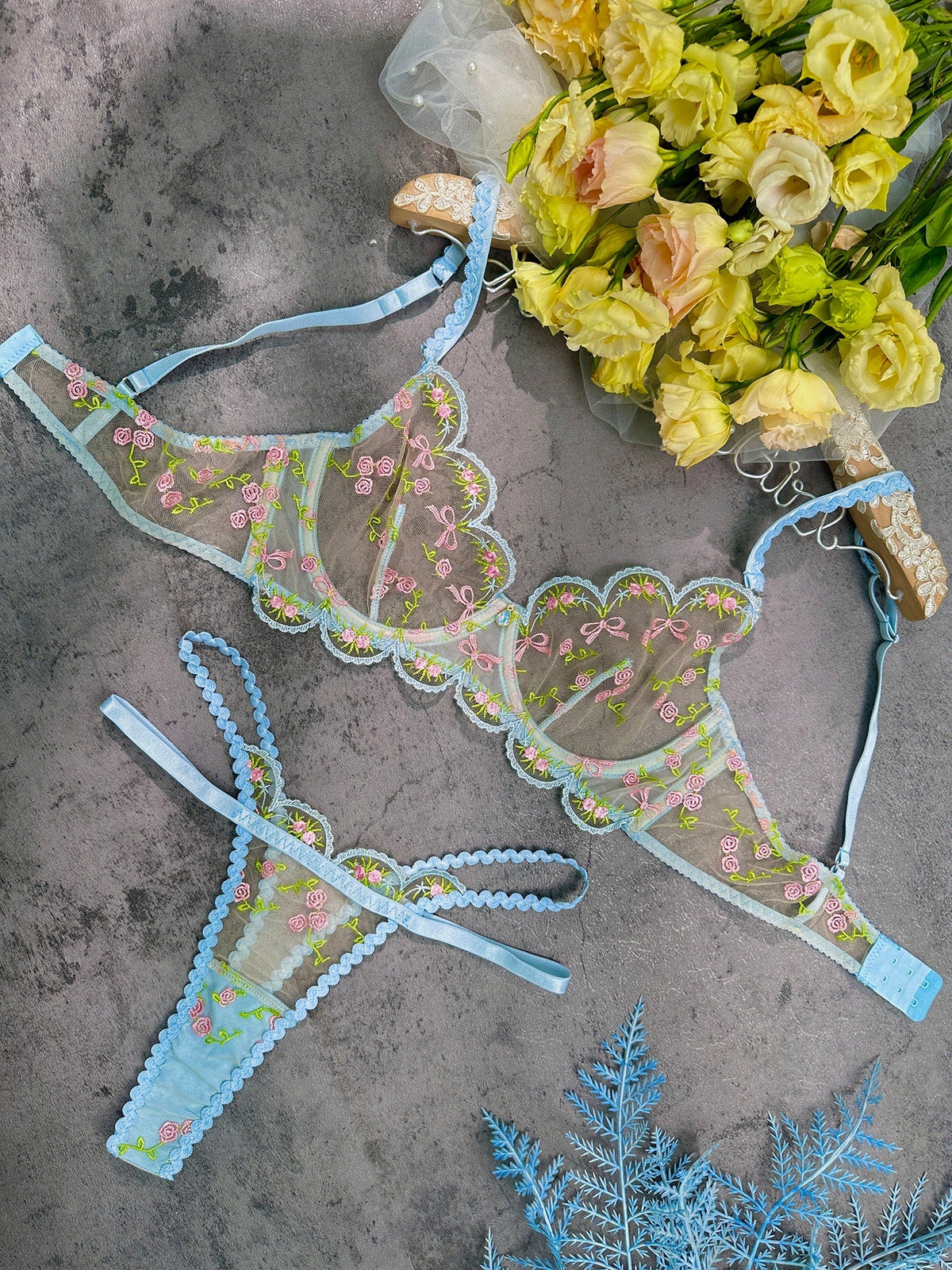 Light Blue Floral Lace Lingerie Set — view 11 | Lavah Pleasure
