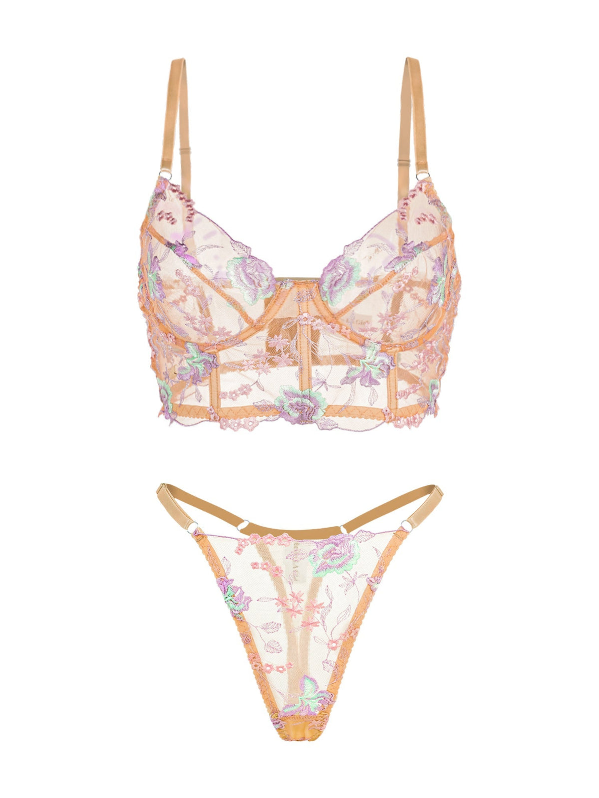 Champagne Floral Sexy Sheer Embroidered Lingerie Set — view 14 | Lavah Pleasure