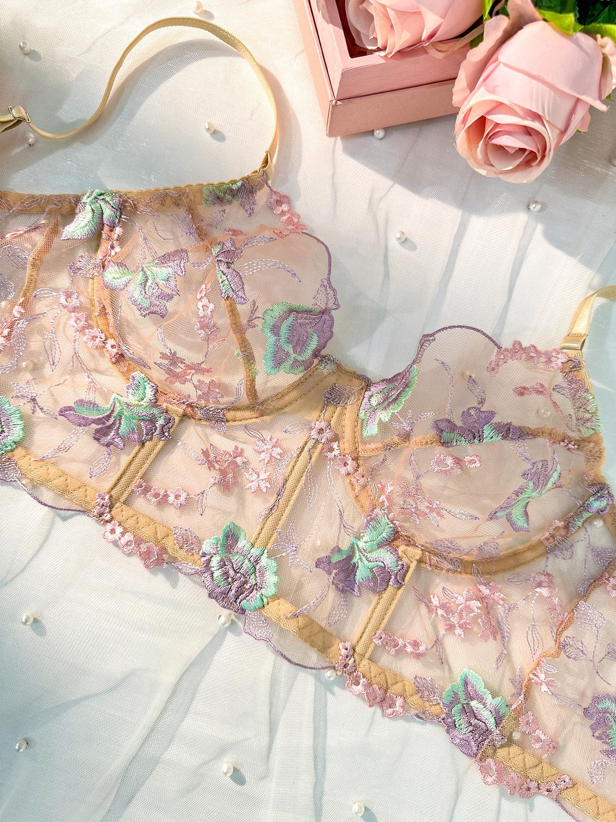 Champagne Floral Sexy Sheer Embroidered Lingerie Set — view 15 | Lavah Pleasure