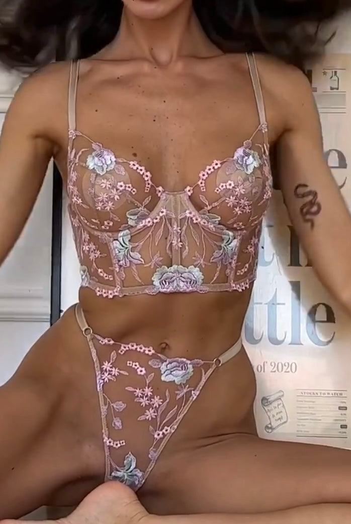 Champagne Floral Sexy Sheer Embroidered Lingerie Set — view 4 | Lavah Pleasure
