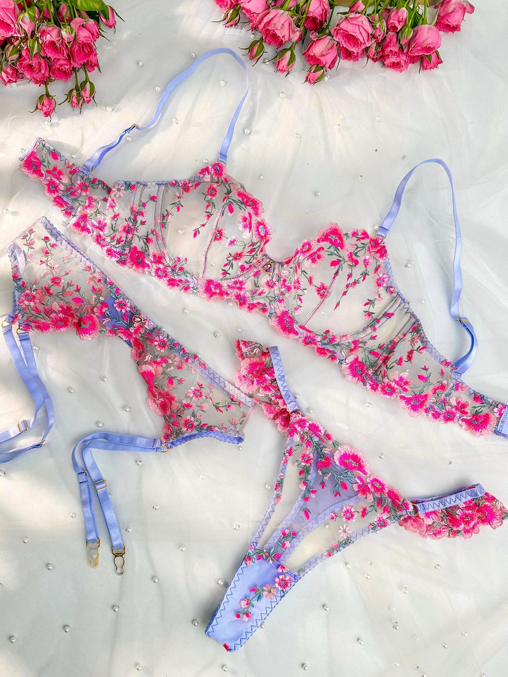 Fantasy Pink Bloom Embroidery Lingerie Set