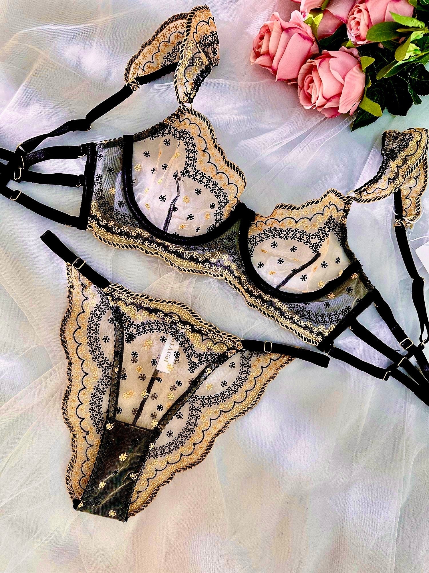 Black&Gold Luxury Lace Embroidered Lingerie Set — view 4 | Lavah Pleasure