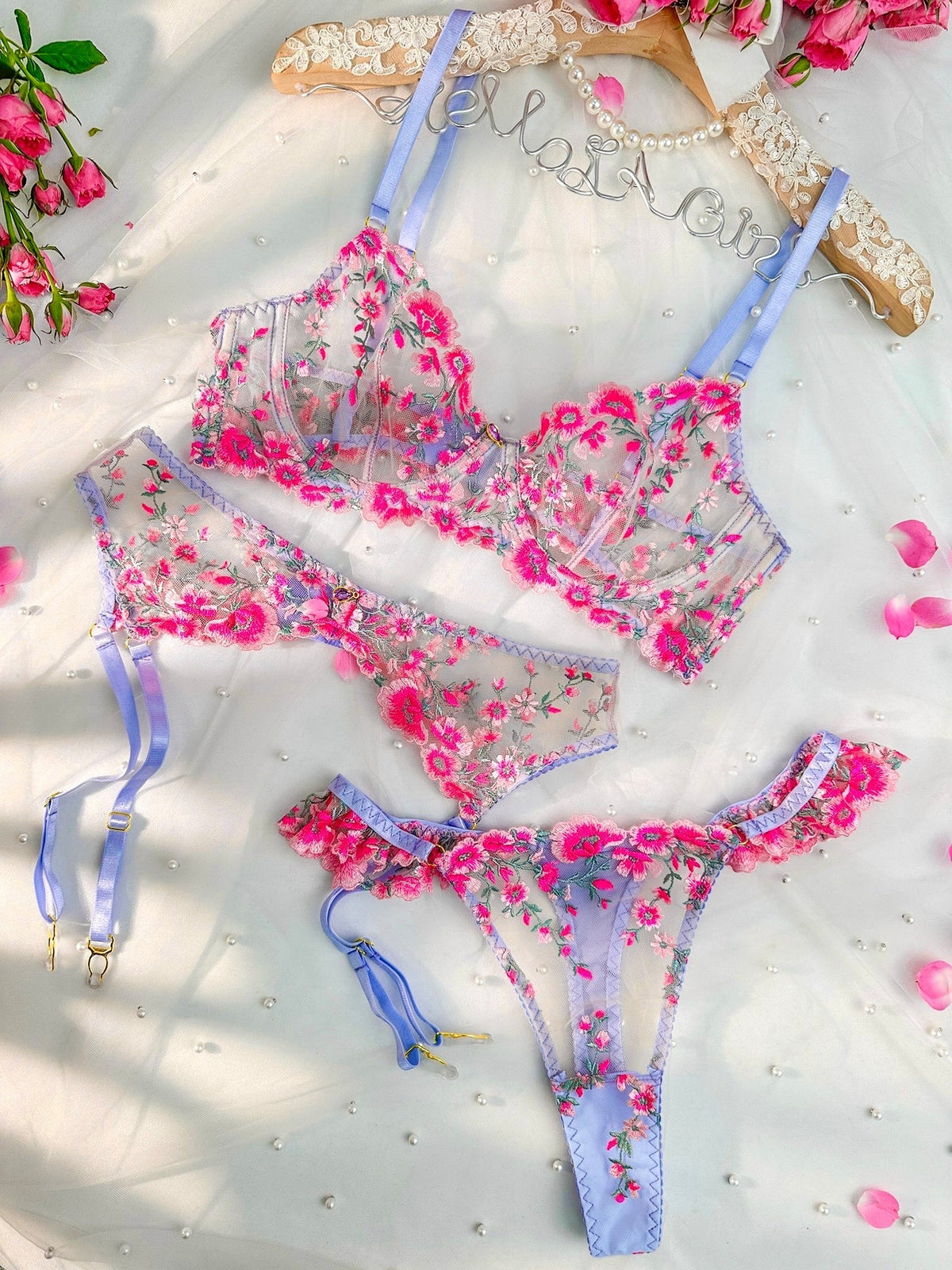 Fantasy Pink Bloom Embroidery Lingerie Set — view 22 | Lavah Pleasure