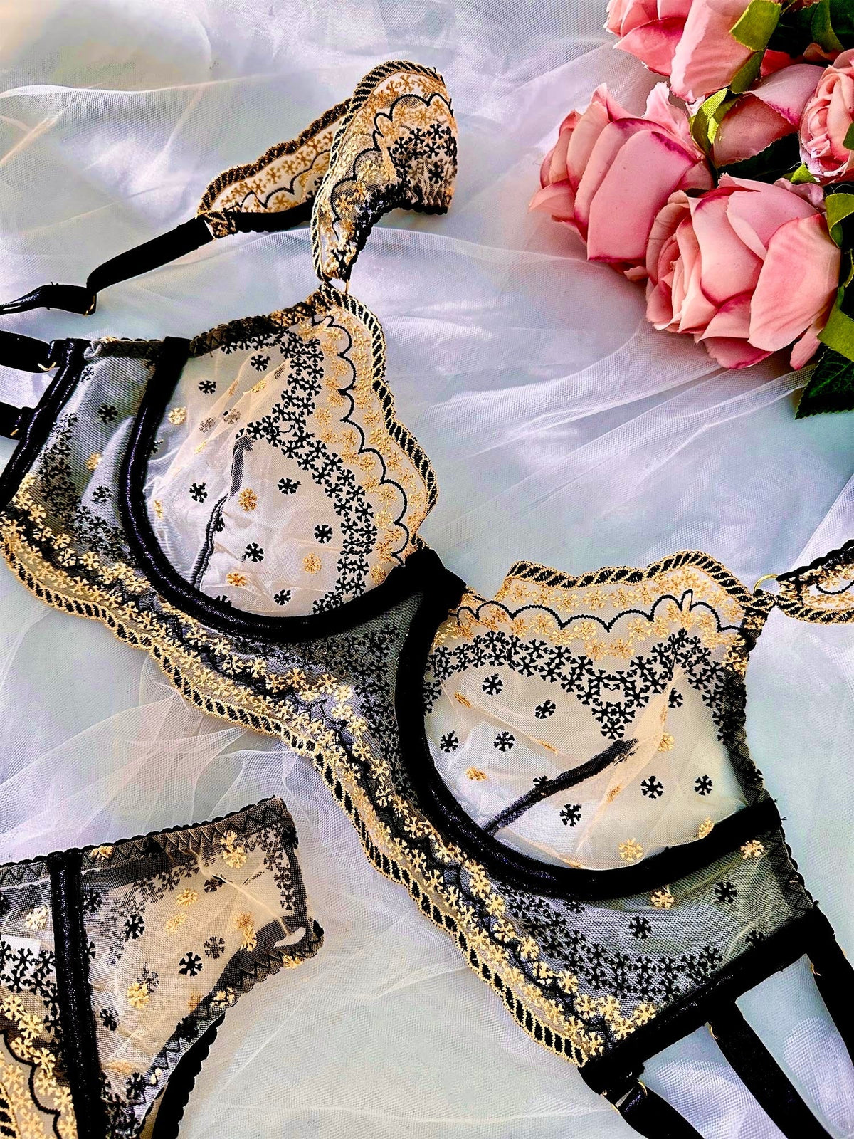 Black&Gold Luxury Lace Embroidered Lingerie Set — view 3 | Lavah Pleasure