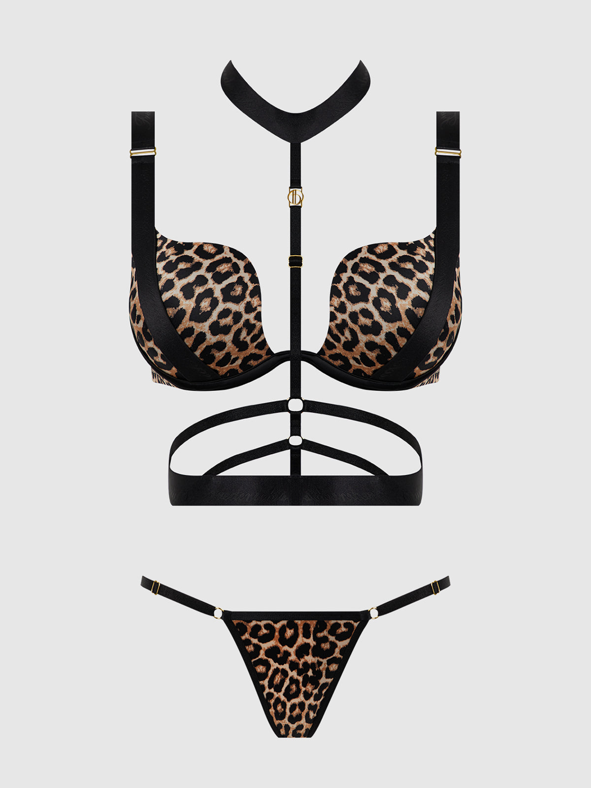 Devon Strappy Push Up Bra, Harness & G-String Set Leopard — view 12 | Lavah Pleasure