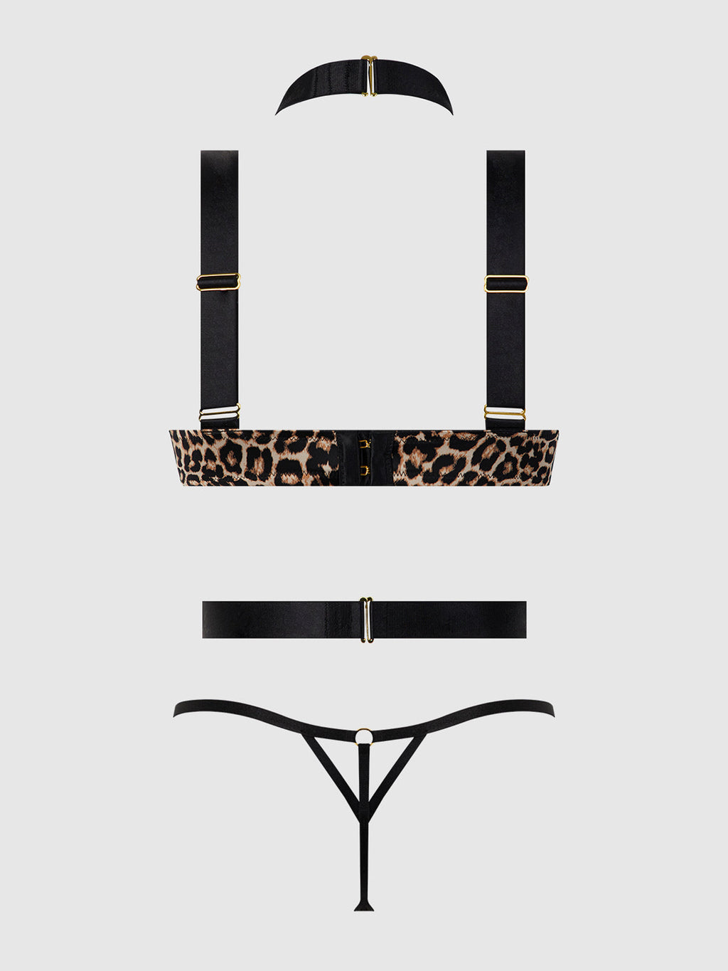 Devon Strappy Push Up Bra, Harness & G-String Set Leopard