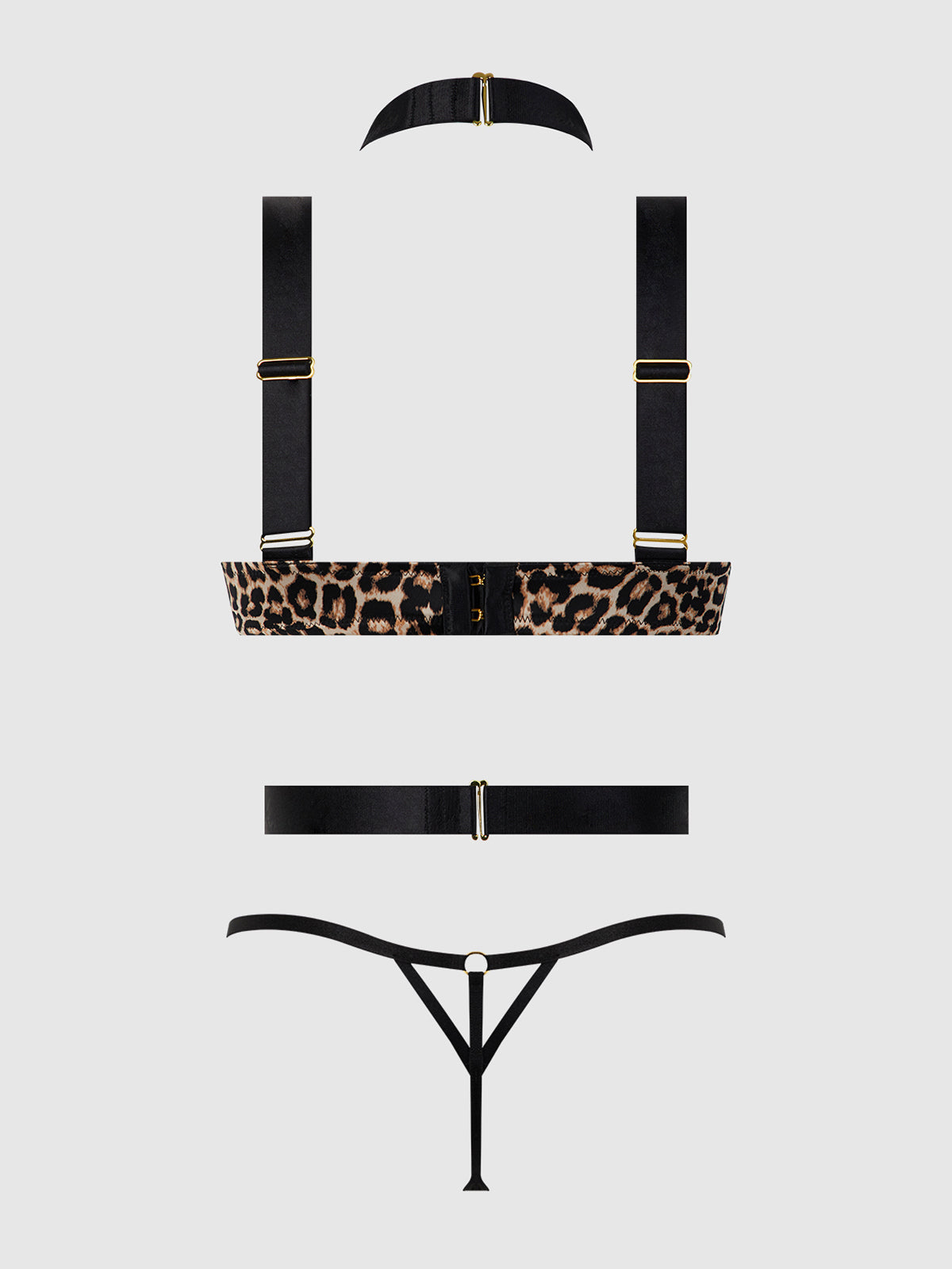 Devon Strappy Push Up Bra, Harness & G-String Set Leopard — view 14 | Lavah Pleasure
