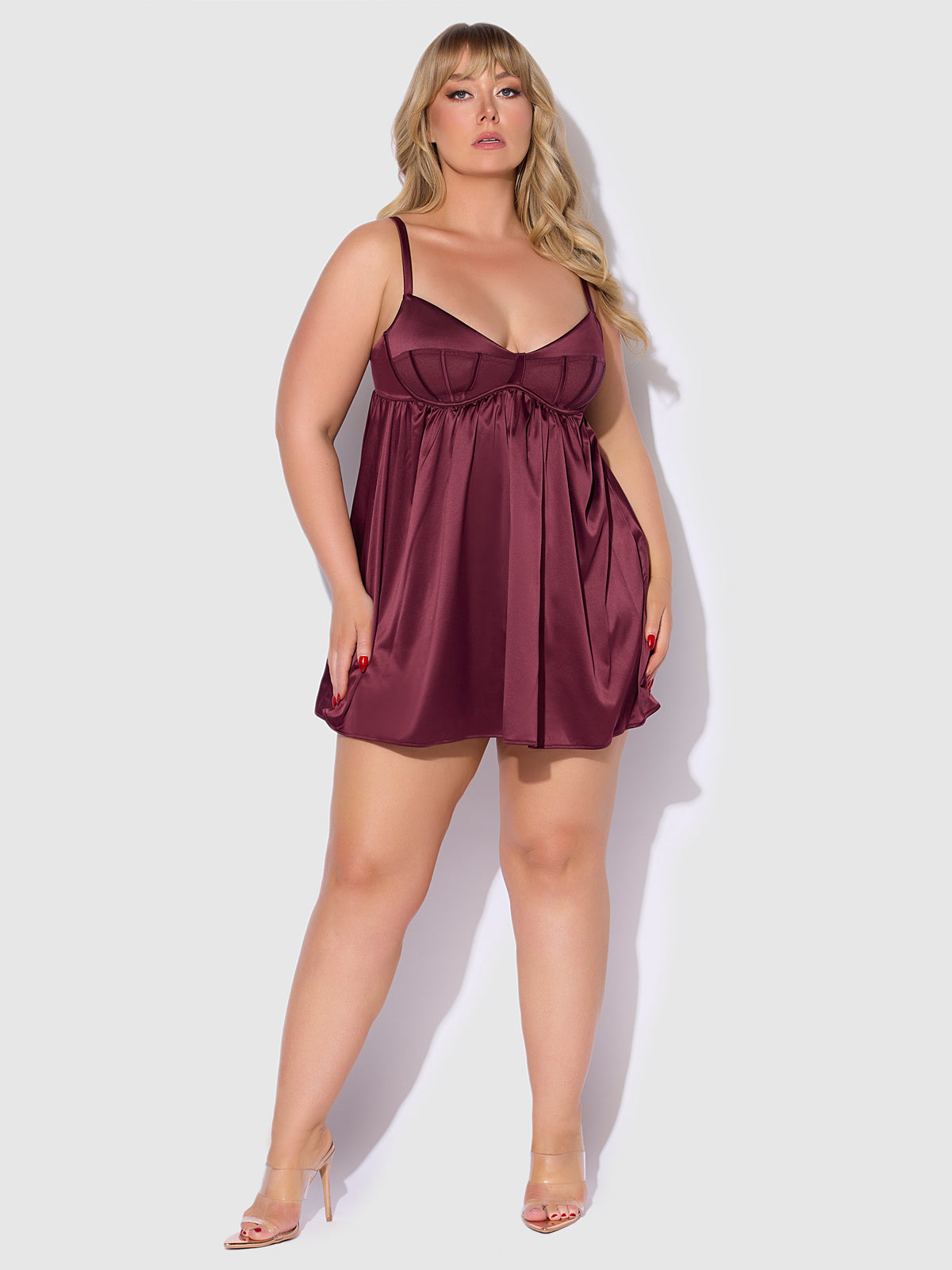 Brigeta Satin & Mesh Corsetted Babydoll Set Burgundy — view 8 | Lavah Pleasure