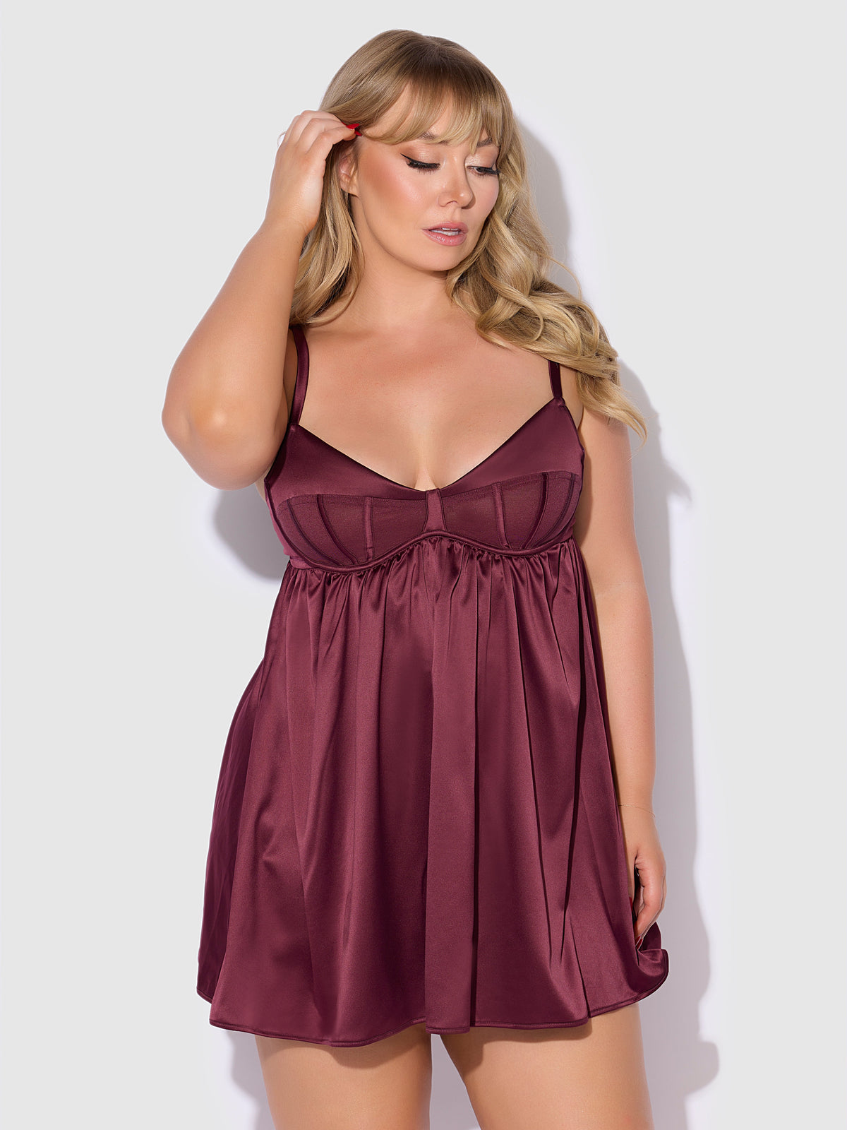 Brigeta Satin & Mesh Corsetted Babydoll Set Burgundy — view 7 | Lavah Pleasure