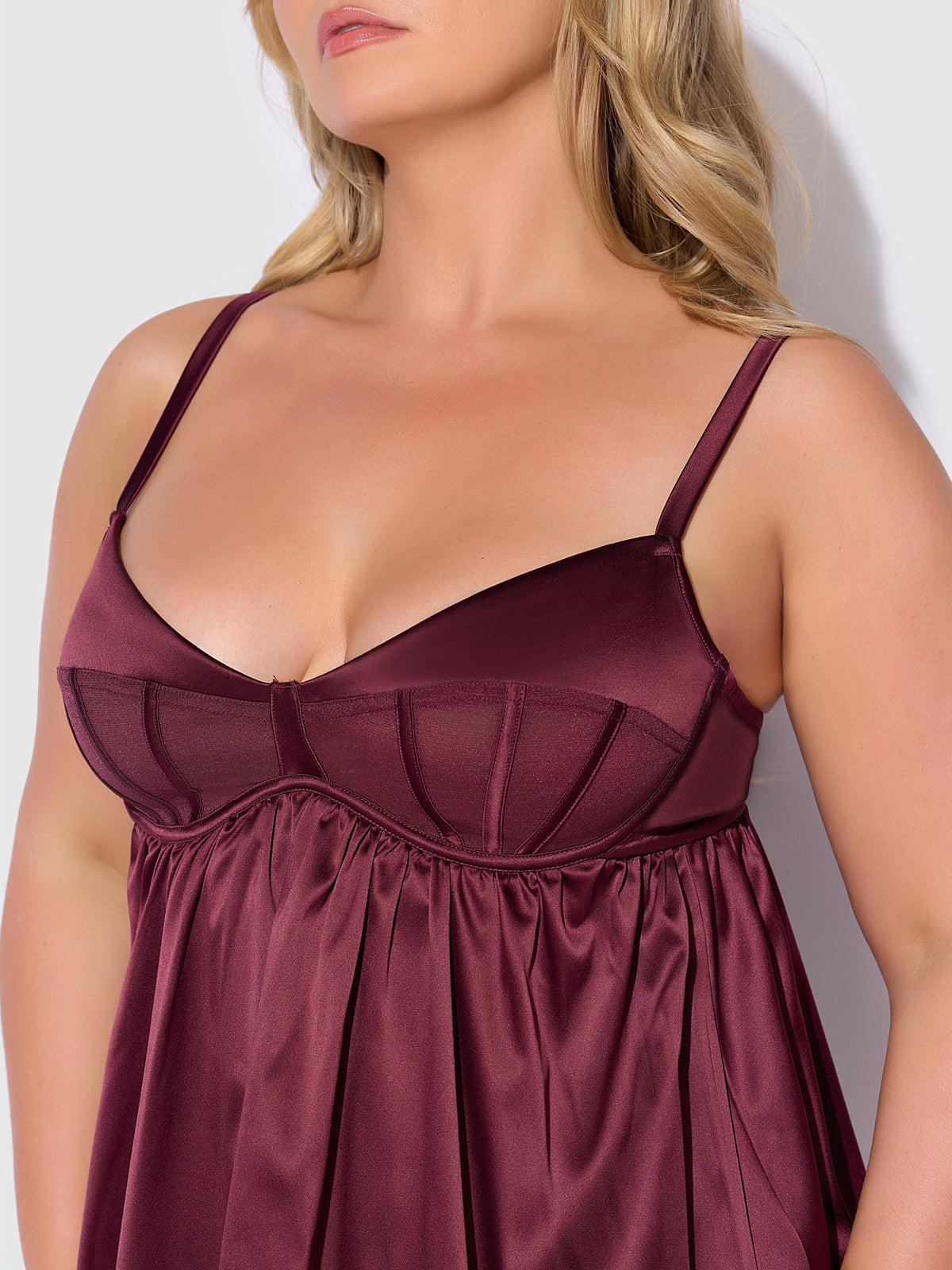 Brigeta Satin & Mesh Corsetted Babydoll Set Burgundy — view 10 | Lavah Pleasure