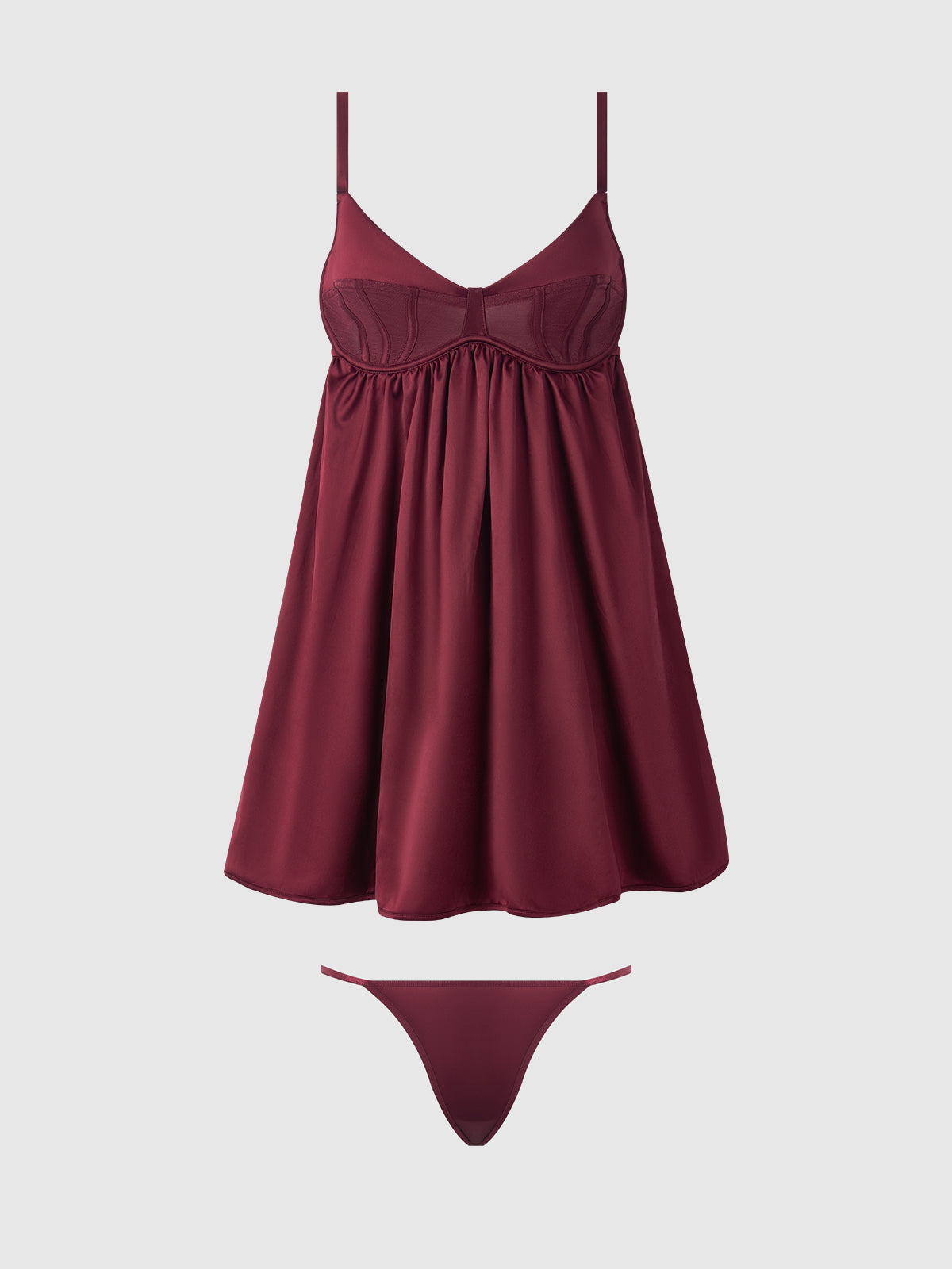 Brigeta Satin & Mesh Corsetted Babydoll Set Burgundy — view 5 | Lavah Pleasure