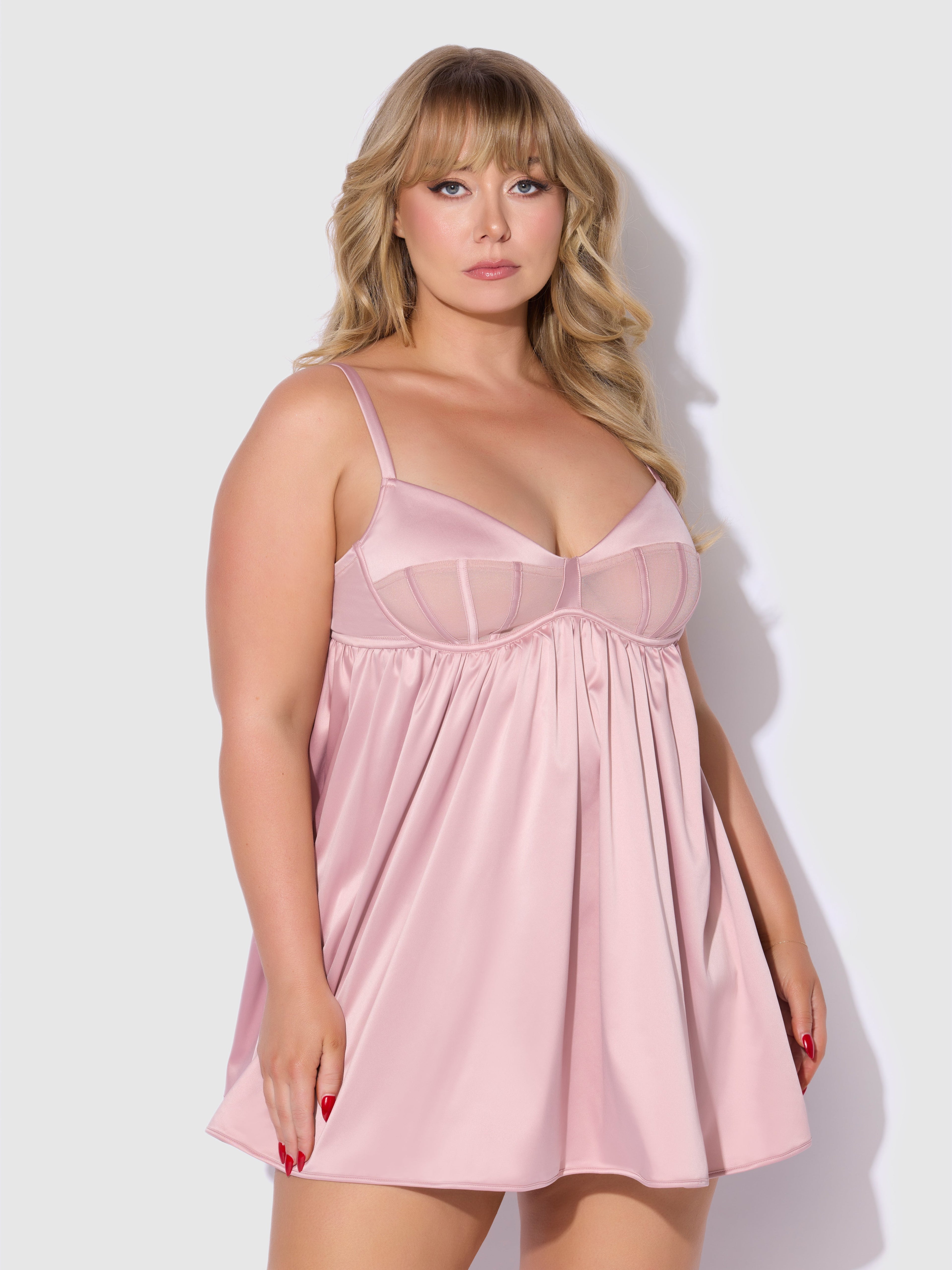 Brigeta Satin & Mesh Corsetted Babydoll Set Mauve — view 8 | Lavah Pleasure