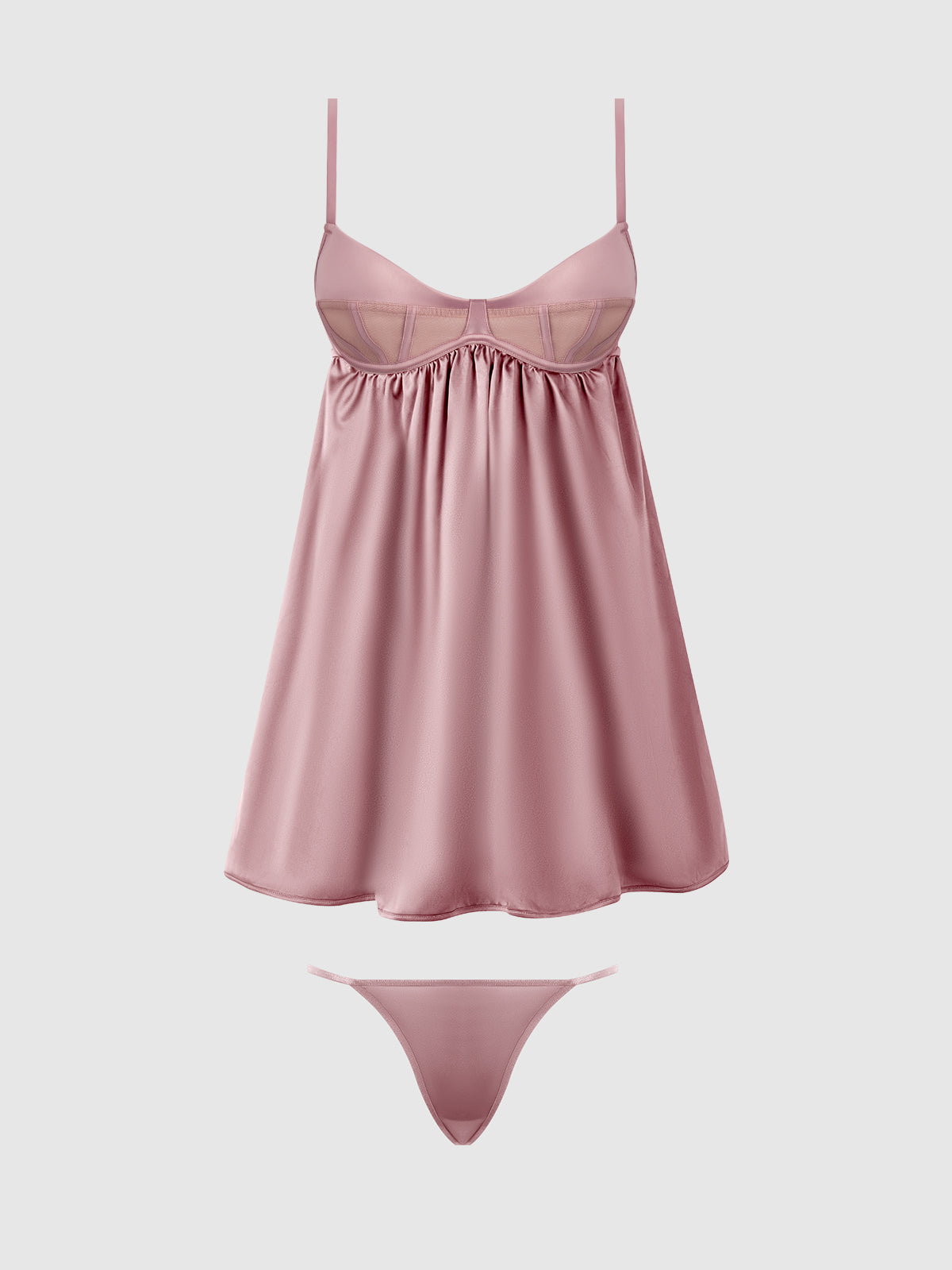 Brigeta Satin & Mesh Corsetted Babydoll Set Mauve — view 6 | Lavah Pleasure