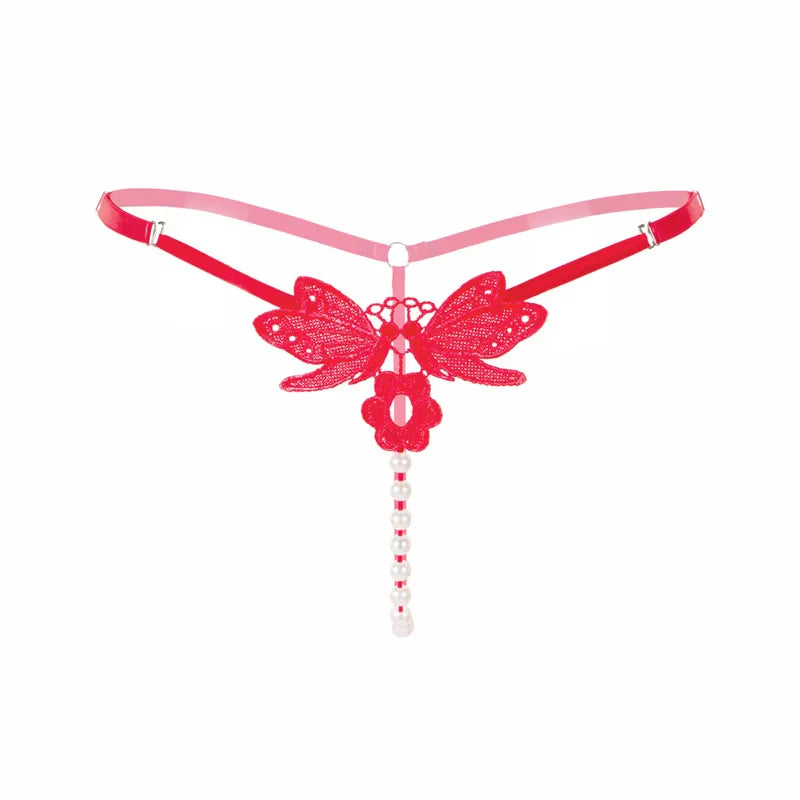 Embroidered Butterfly Pearl G-String — view 2 | Lavah Pleasure