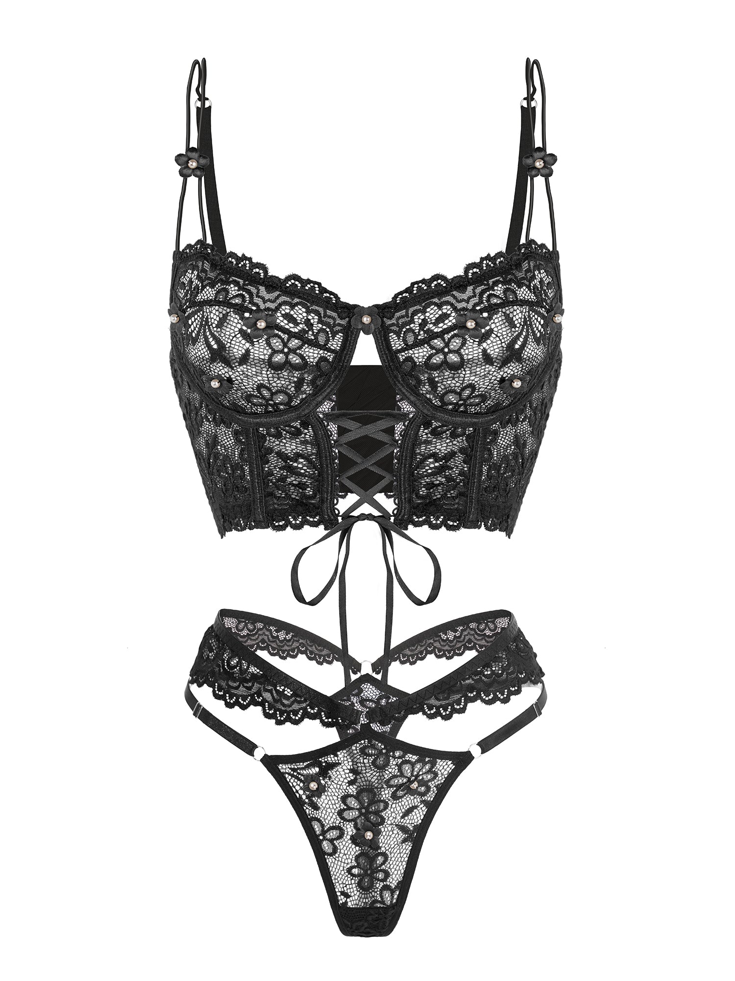 Black Pearls Small Flower Lace Lingerie Set — view 10 | Lavah Pleasure