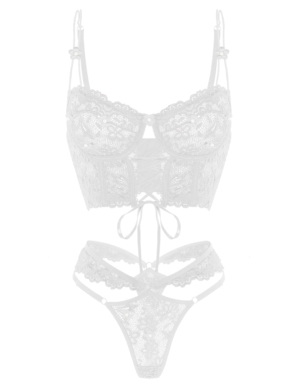 White Pearls Small Flower Lace Lingerie Set
