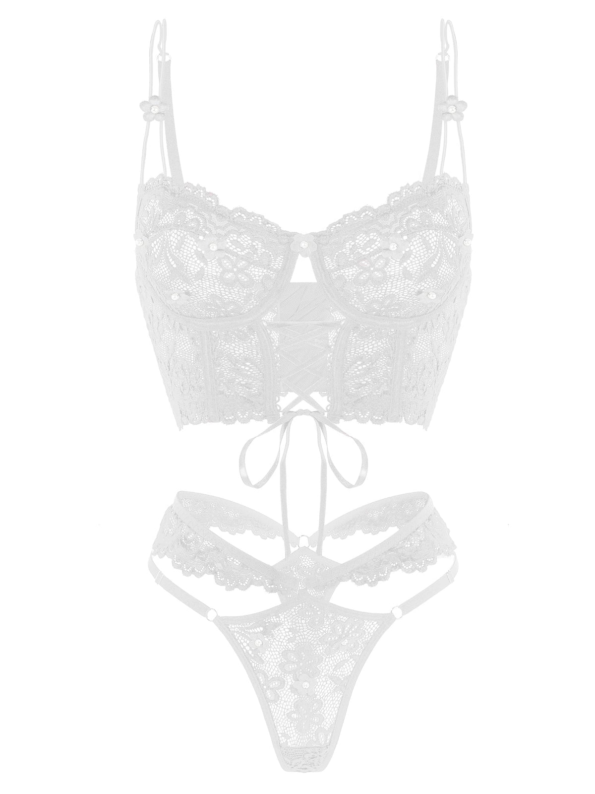 White Pearls Small Flower Lace Lingerie Set — view 9 | Lavah Pleasure