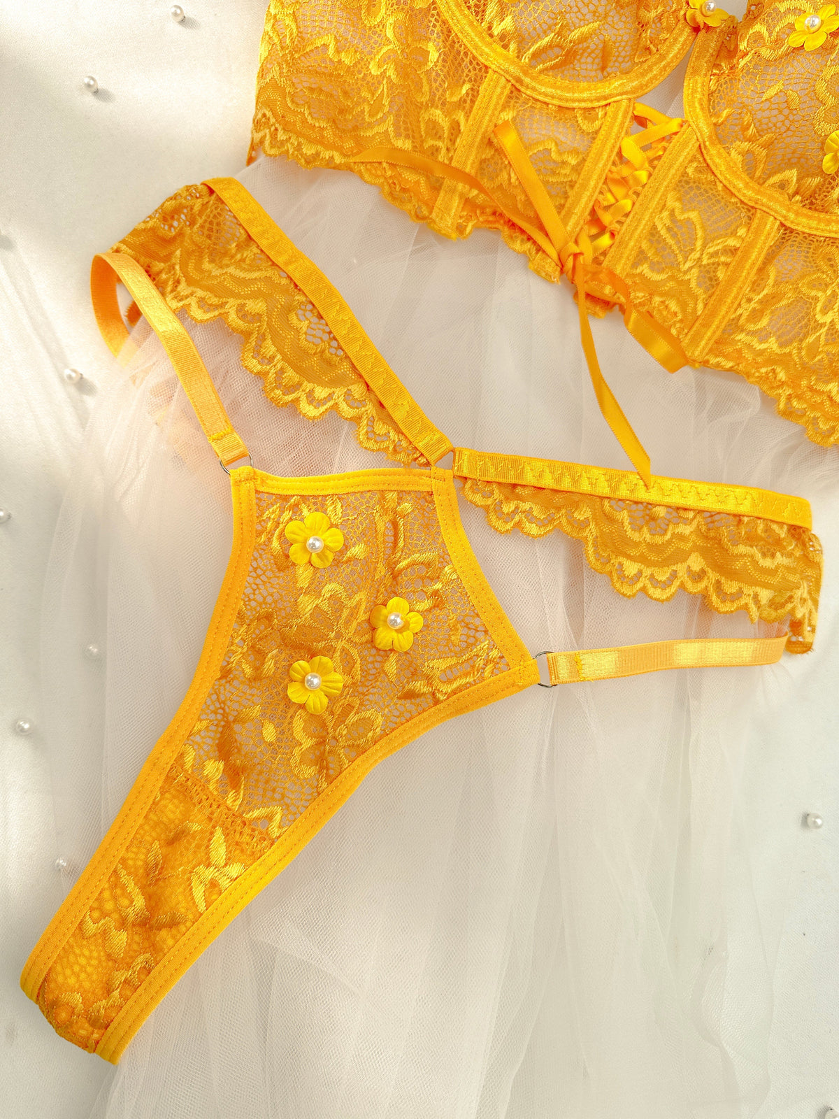 Yellow Pearls Small Flower Lace Lingerie Set — view 10 | Lavah Pleasure