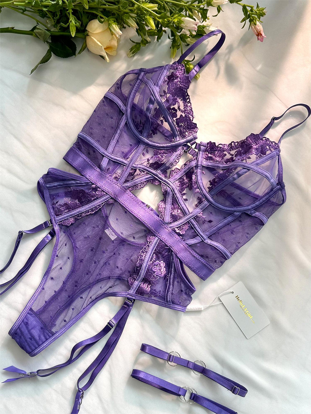 Purple Solid Elegant Embroidered Lace Bodysuit