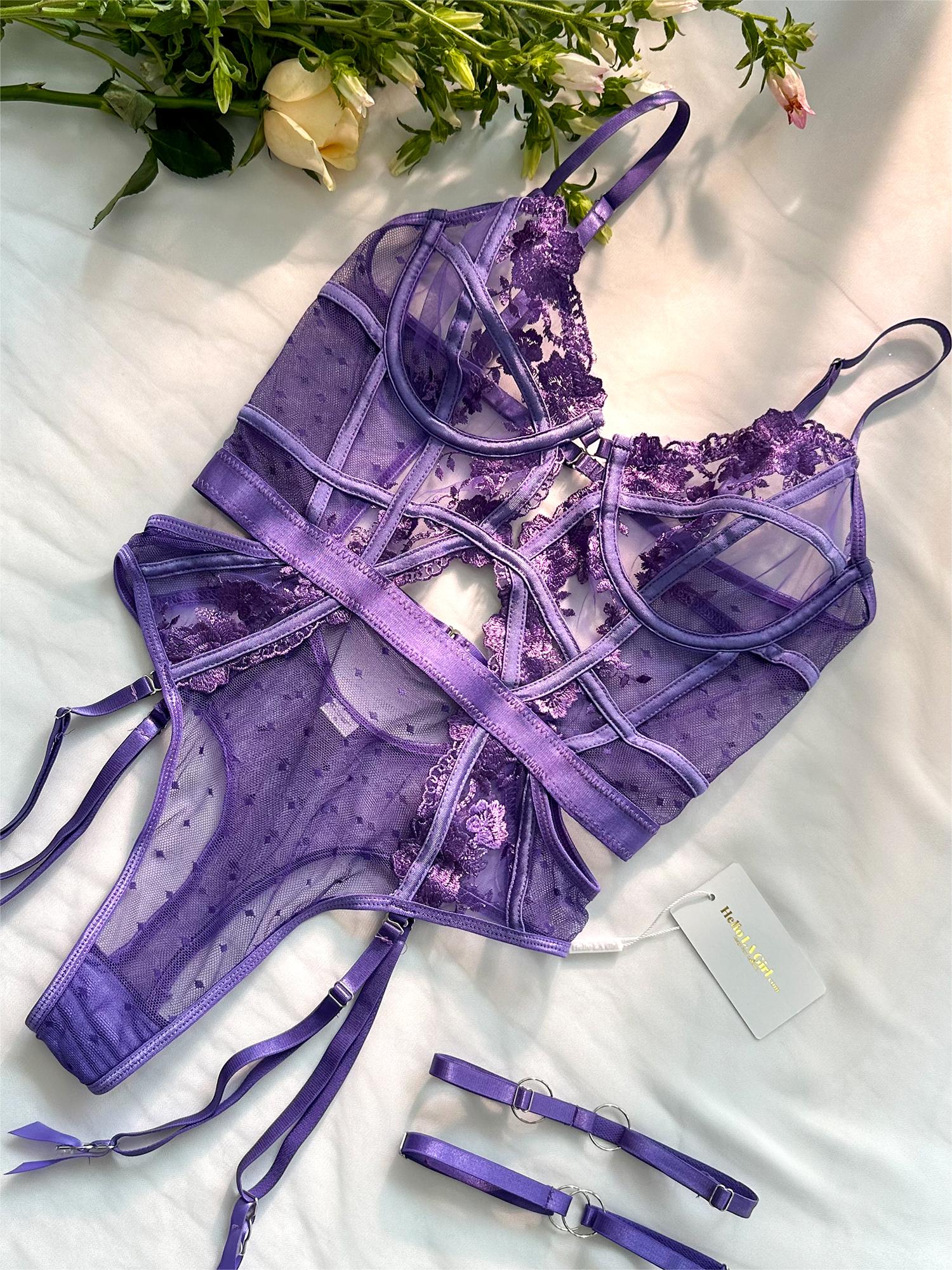 Purple Solid Elegant Embroidered Lace Bodysuit — view 10 | Lavah Pleasure