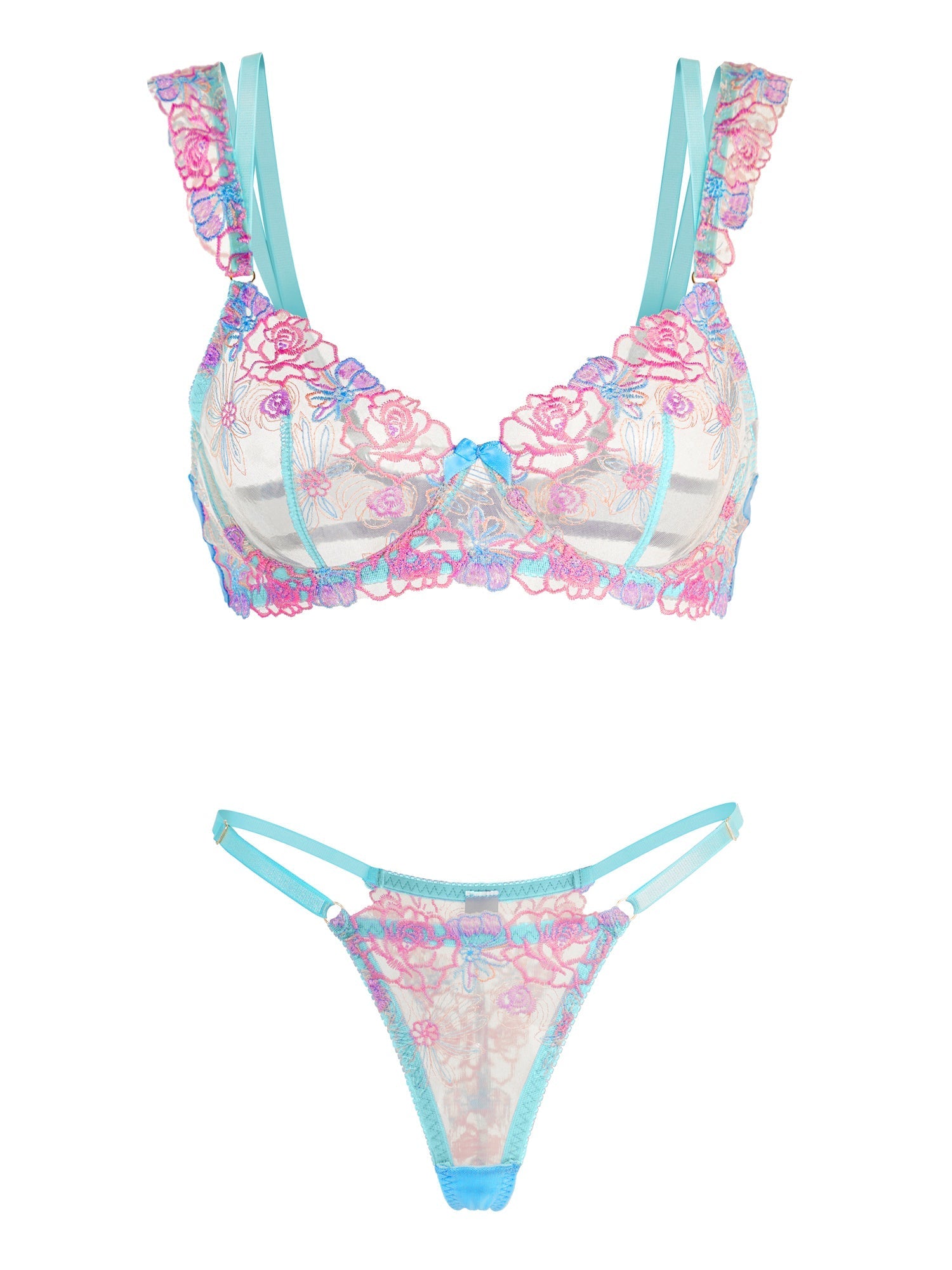 Blue Butterfly Bow Colorful Embroidered Flower Lingerie Set — view 12 | Lavah Pleasure
