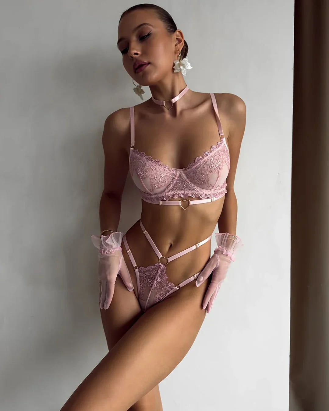 Pink Romance Lace 3-Piece Set with Choker