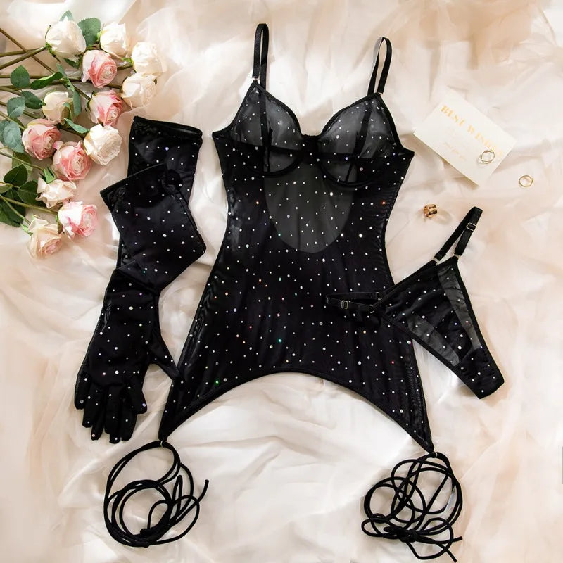Glamorous Lace-Up Black Mini Dress with Rhinestones