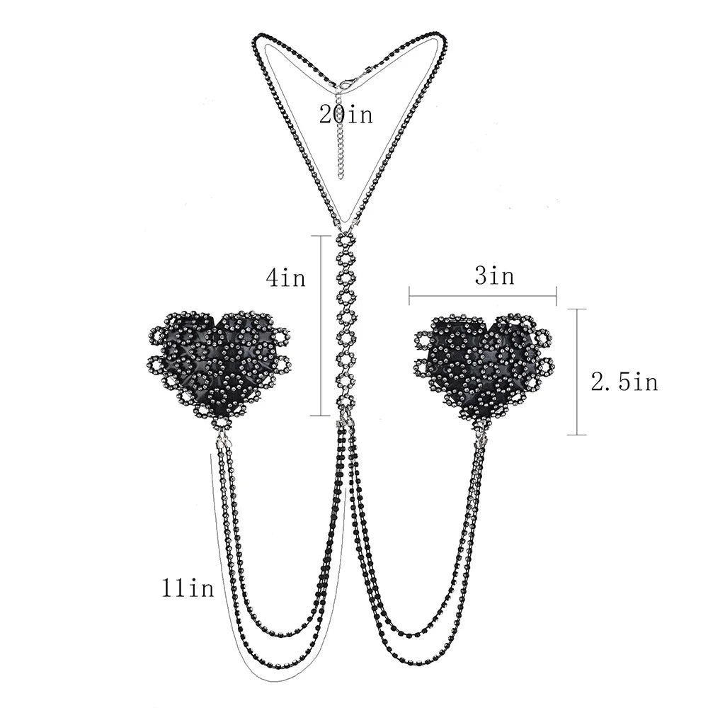 Hearts on Fire: Rhinestone Nipple Pasties & Choker Chain Set