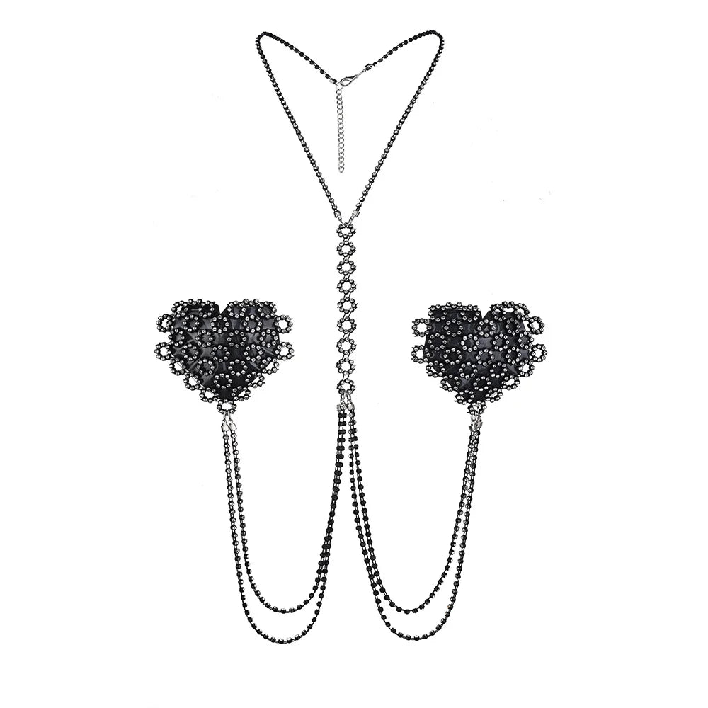 Hearts on Fire: Rhinestone Nipple Pasties & Choker Chain Set