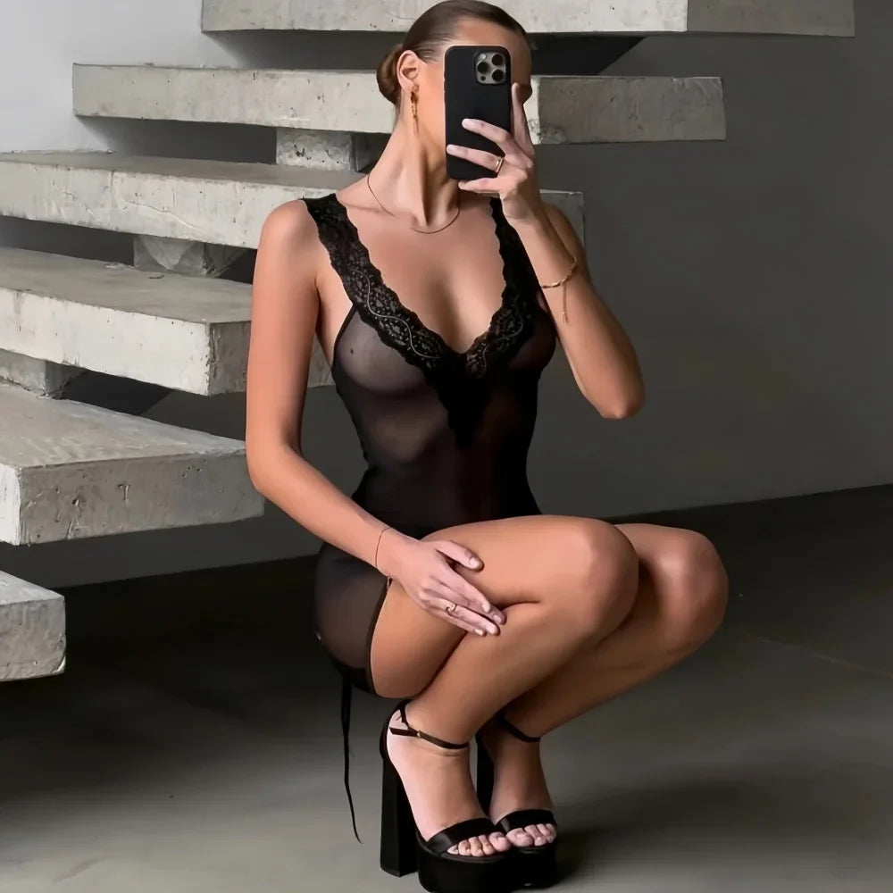 Lace Temptation Sheer Lace-Up Mini Dress — view 6 | Lavah Pleasure