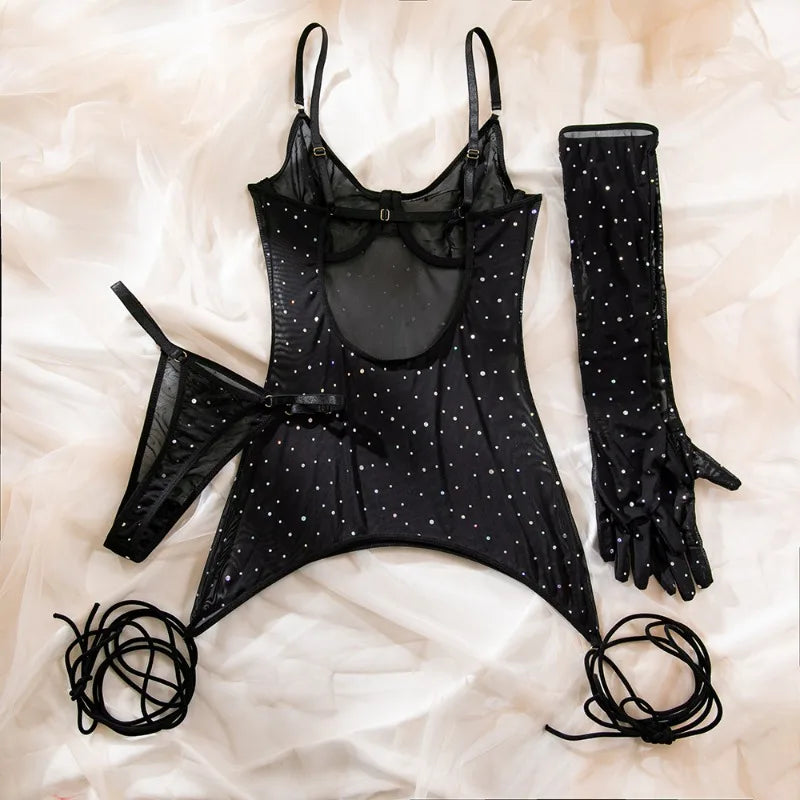 Glamorous Lace-Up Black Mini Dress with Rhinestones