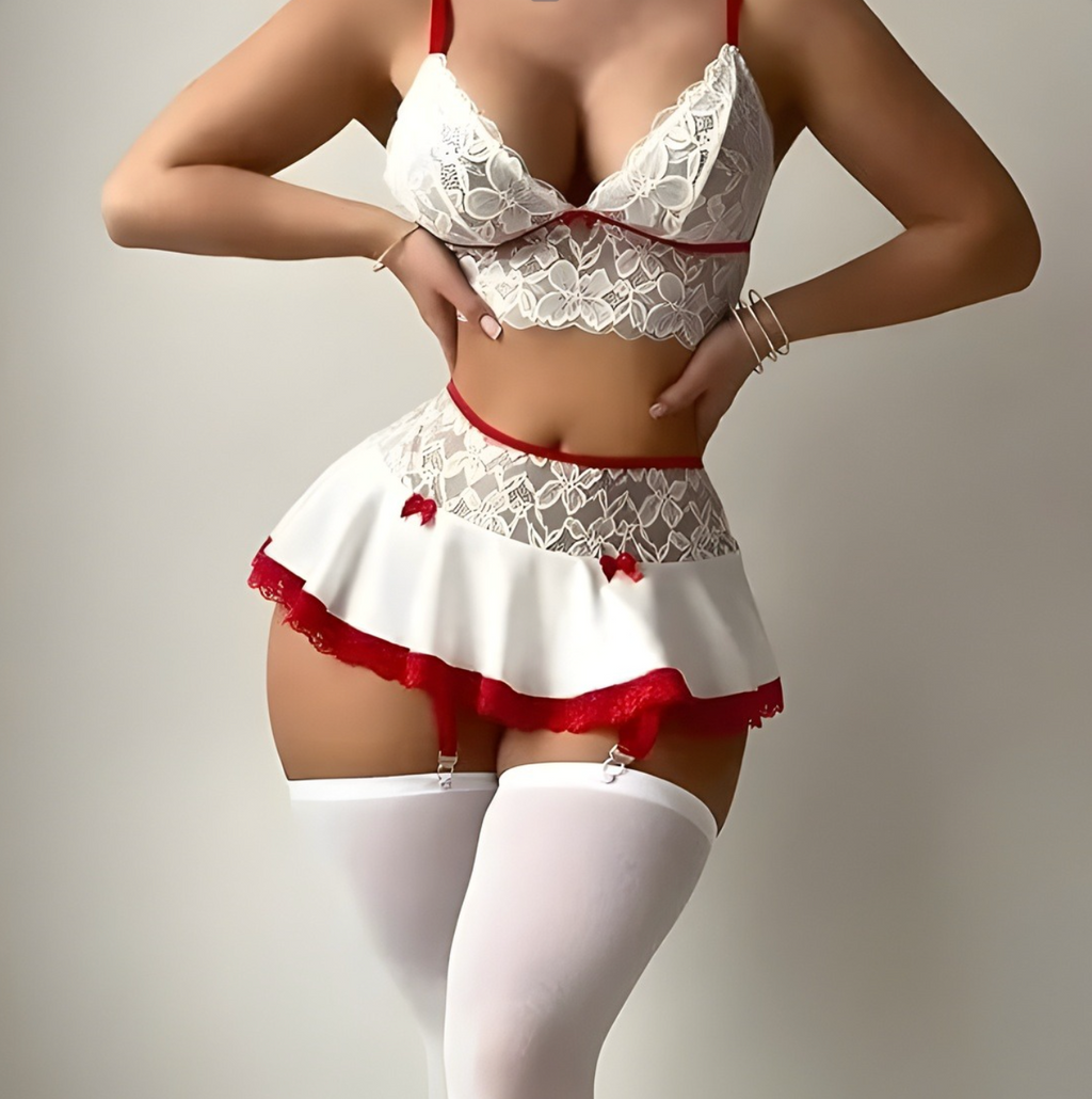 Scarlet Lace Bralette & Garter Skirt Set