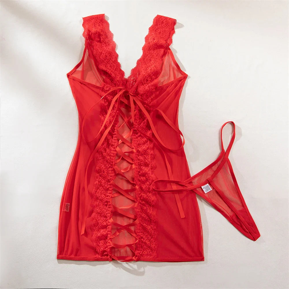 Lace Temptation Sheer Lace-Up Mini Dress — view 13 | Lavah Pleasure