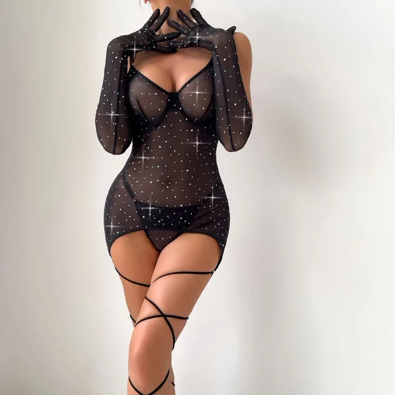 Glamorous Lace-Up Black Mini Dress with Rhinestones