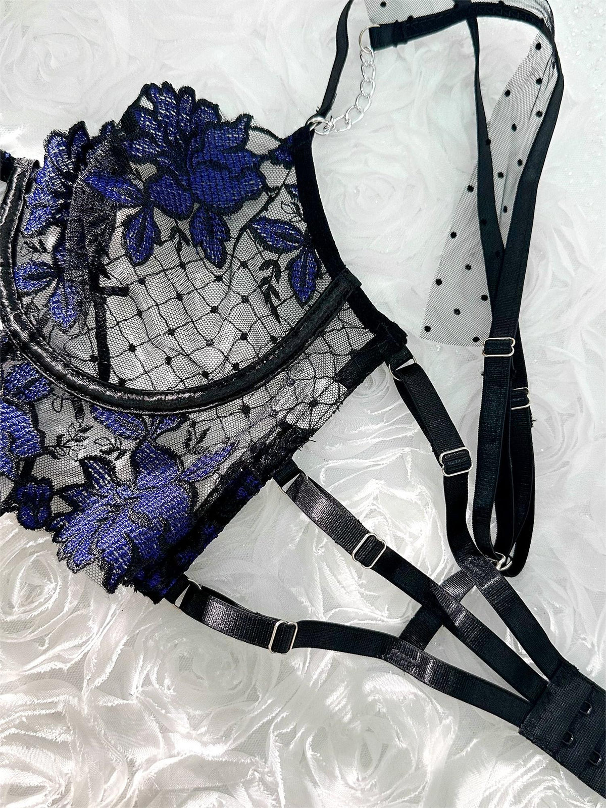Black&Blue Lace Tie Adjustable Sculpting Body Lingerie Set — view 13 | Lavah Pleasure