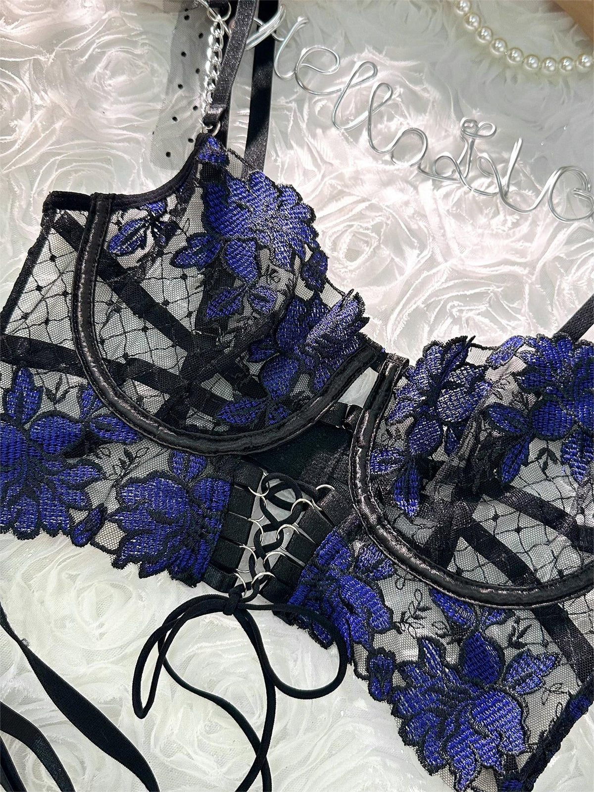 Black&Blue Lace Tie Adjustable Sculpting Body Lingerie Set — view 10 | Lavah Pleasure