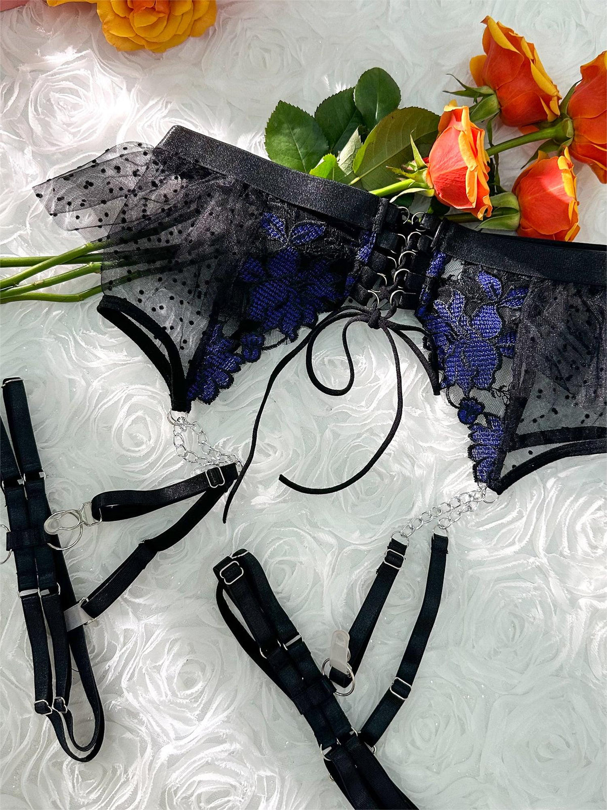 Black&Blue Lace Tie Adjustable Sculpting Body Lingerie Set — view 12 | Lavah Pleasure