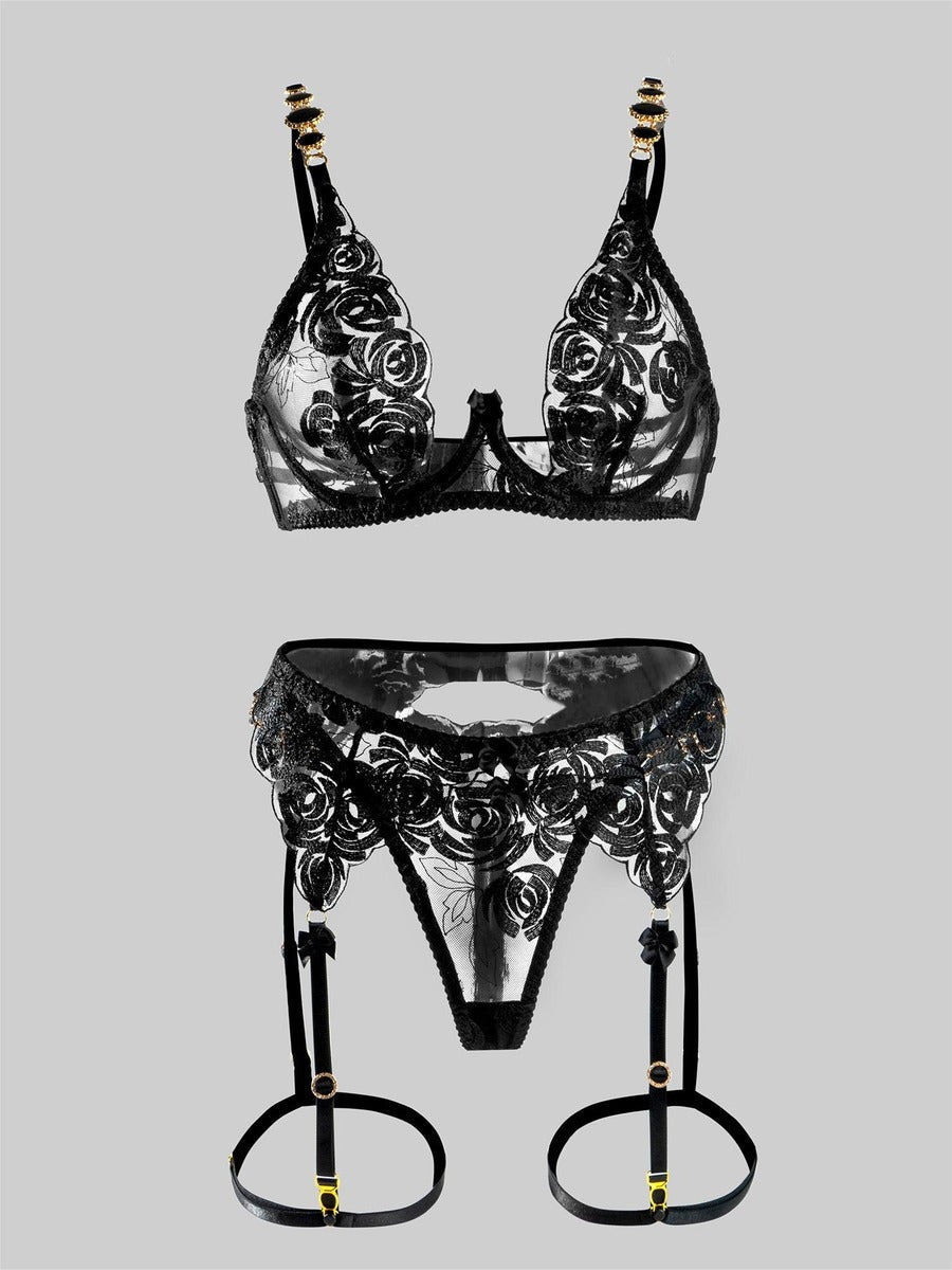 Black Embroidered Sexy Push Up Lingerie Set — view 13 | Lavah Pleasure