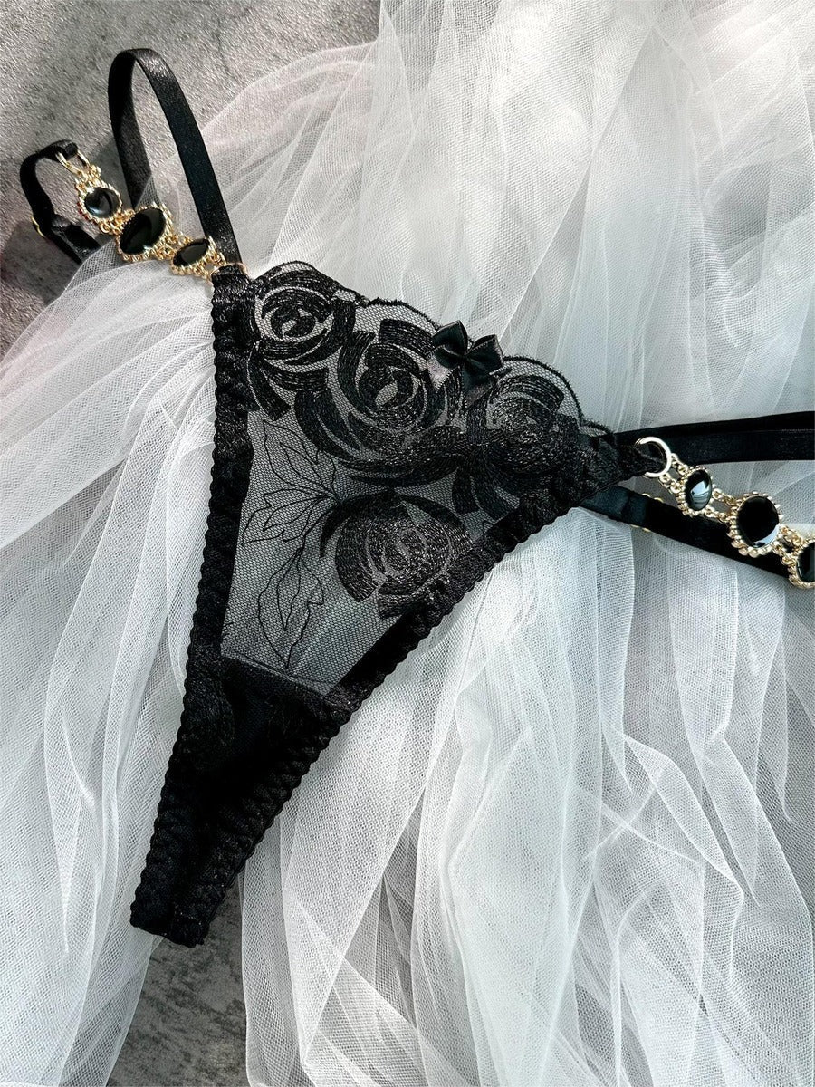 Black Embroidered Sexy Push Up Lingerie Set — view 15 | Lavah Pleasure