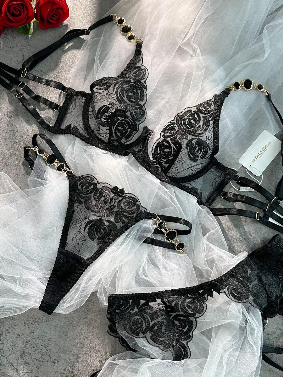 Black Embroidered Sexy Push Up Lingerie Set — view 14 | Lavah Pleasure