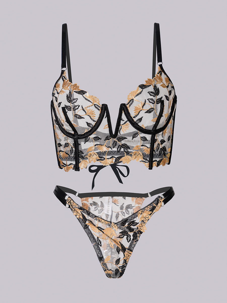Black Embroidered Corset & Panty Lingerie Set — view 12 | Lavah Pleasure