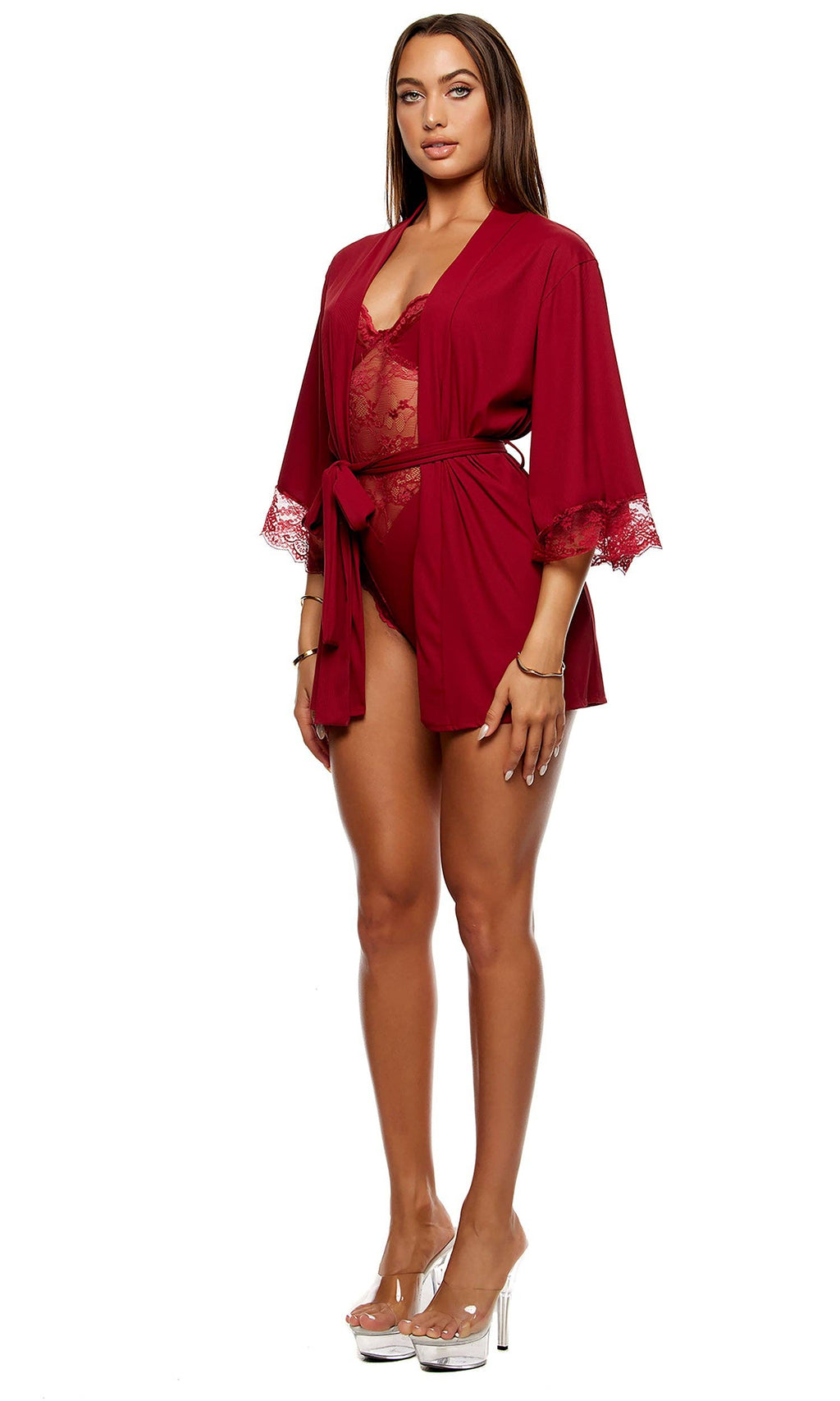 Self Care Ribbed lace Robe - Wine