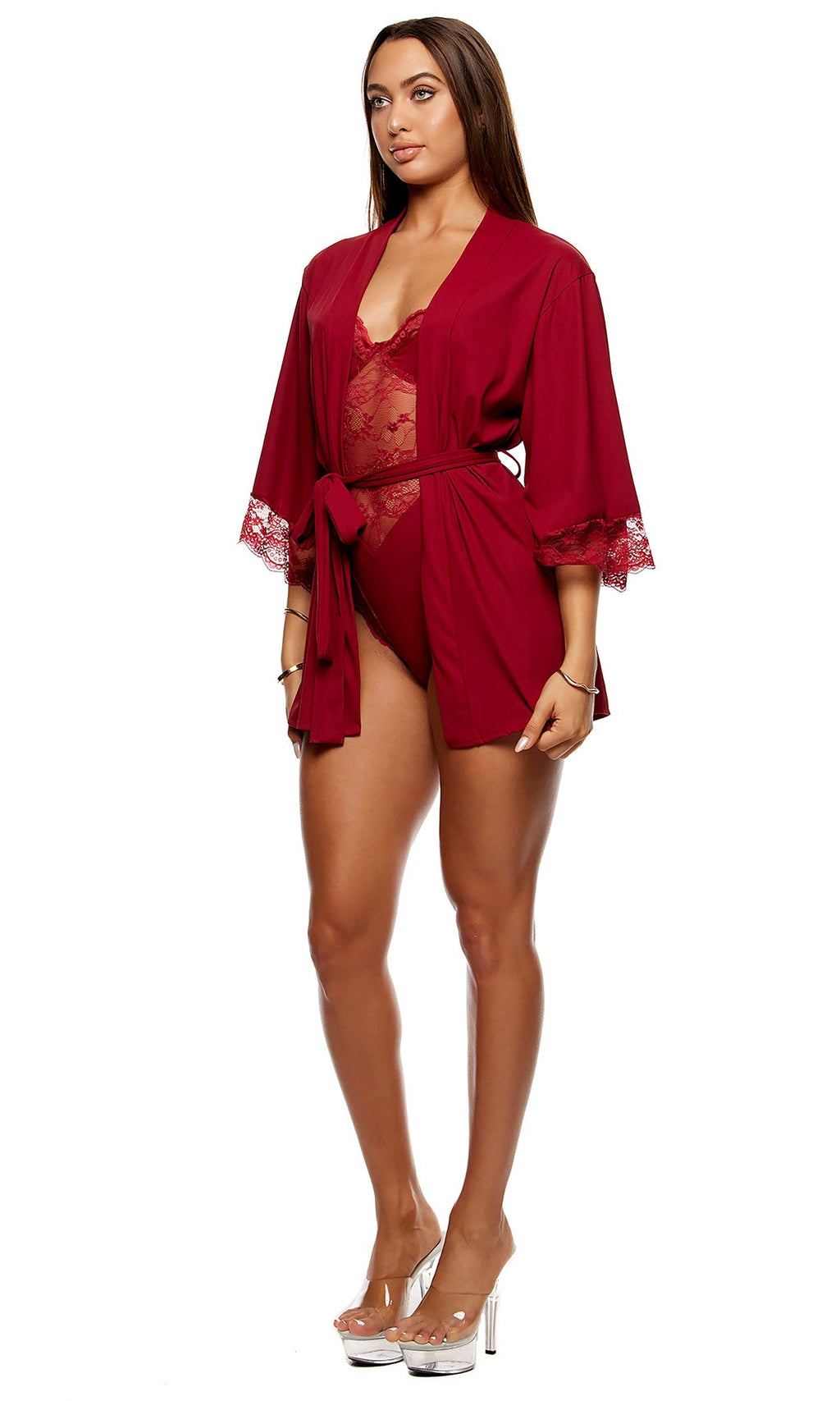 Self Care Ribbed lace Robe - Wine