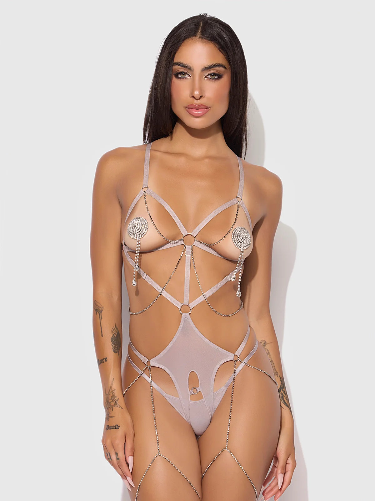 Presley Shine Mesh Open Cup & Crotchless Rhinestone Teddy — Bodysuit | Lavah Pleasure