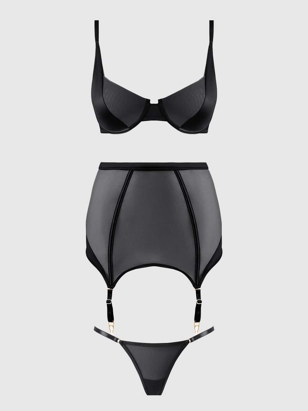 Raquel Mesh & Silky Micro Bra, Garter Skirt & G-String Set