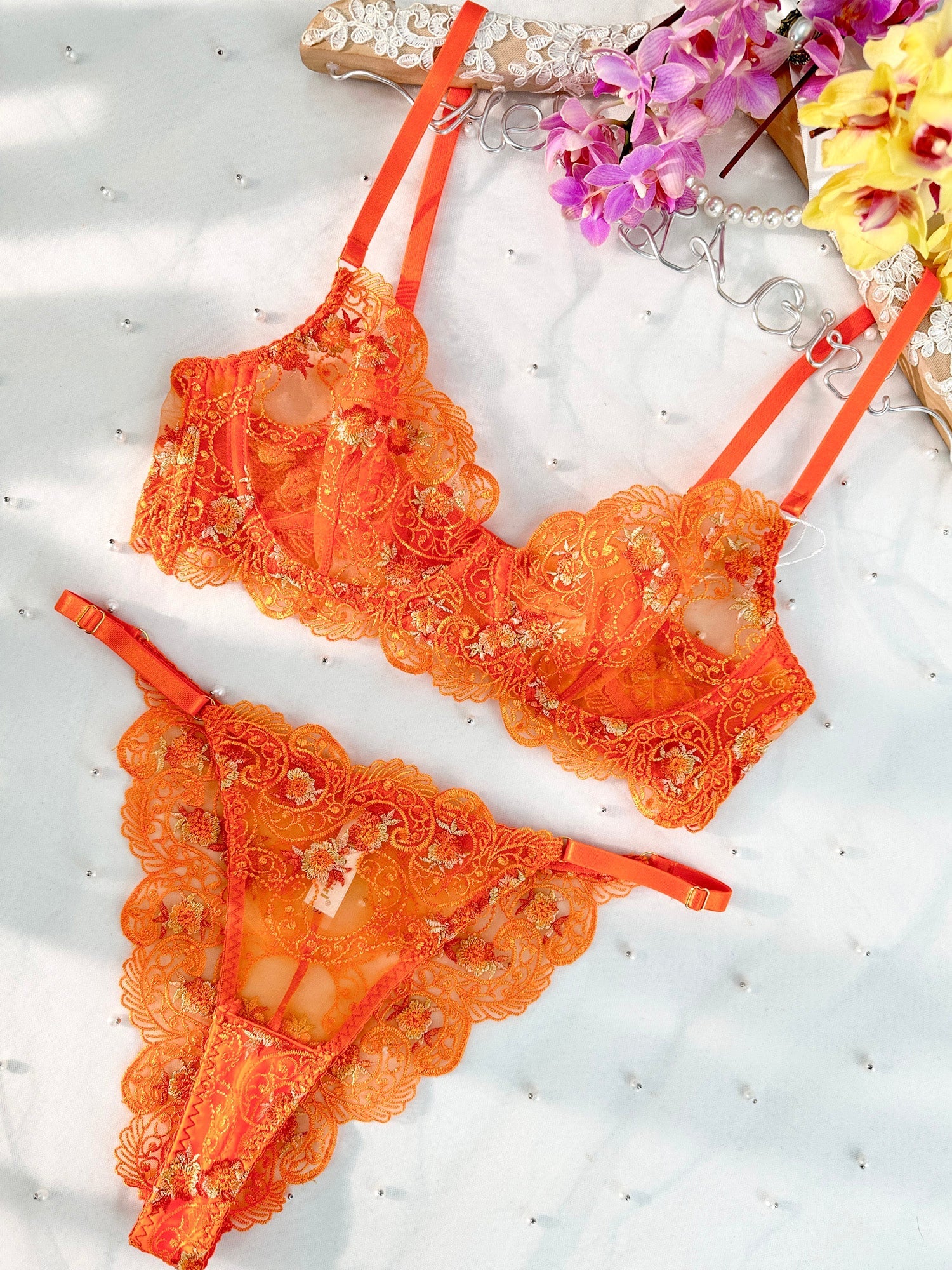 Orange Floral Embroidery Lingerie Set — view 9 | Lavah Pleasure