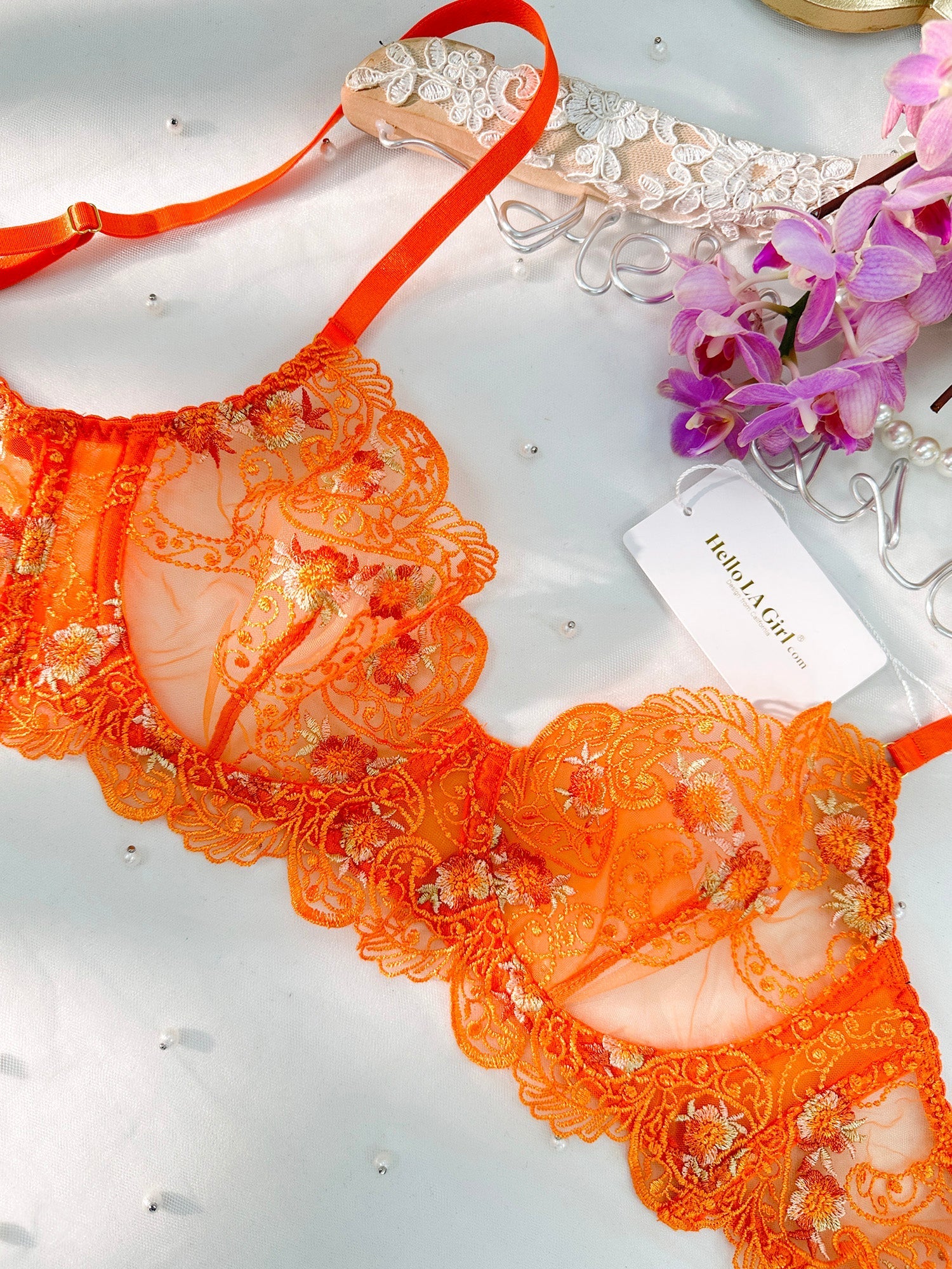 Orange Floral Embroidery Lingerie Set